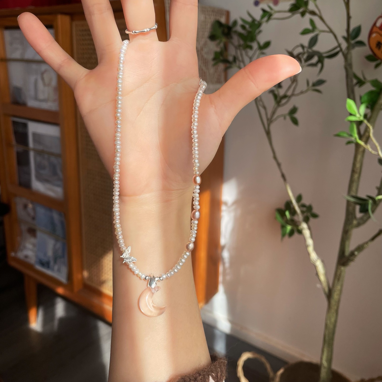 Handmade “Sweetheart” Pearls Short Necklace with Pink Rose Quartz Moon Pendant and Sterling Silver Butterfly