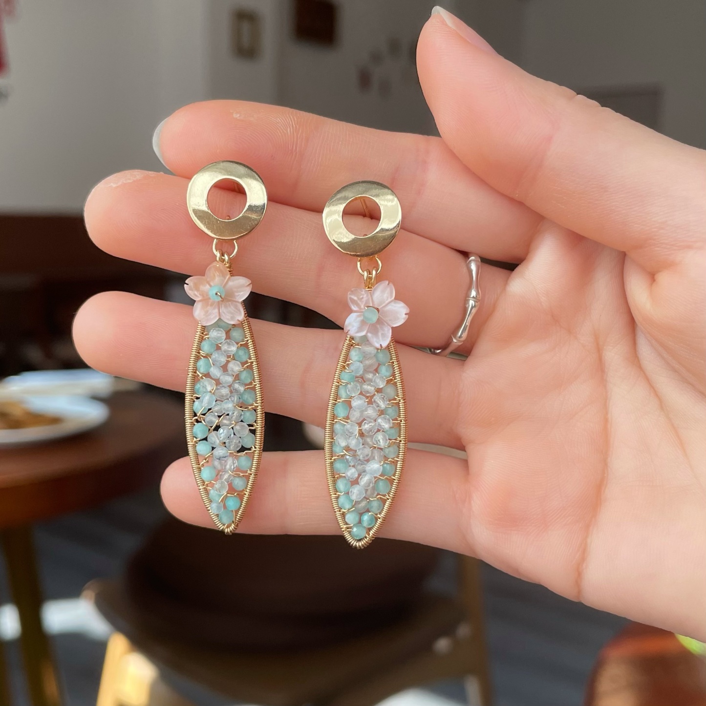 Handmade Aqua Bloom Leaf Earrings Amazonite and Aquamarine Wire-Wrapped Dangle Earrings