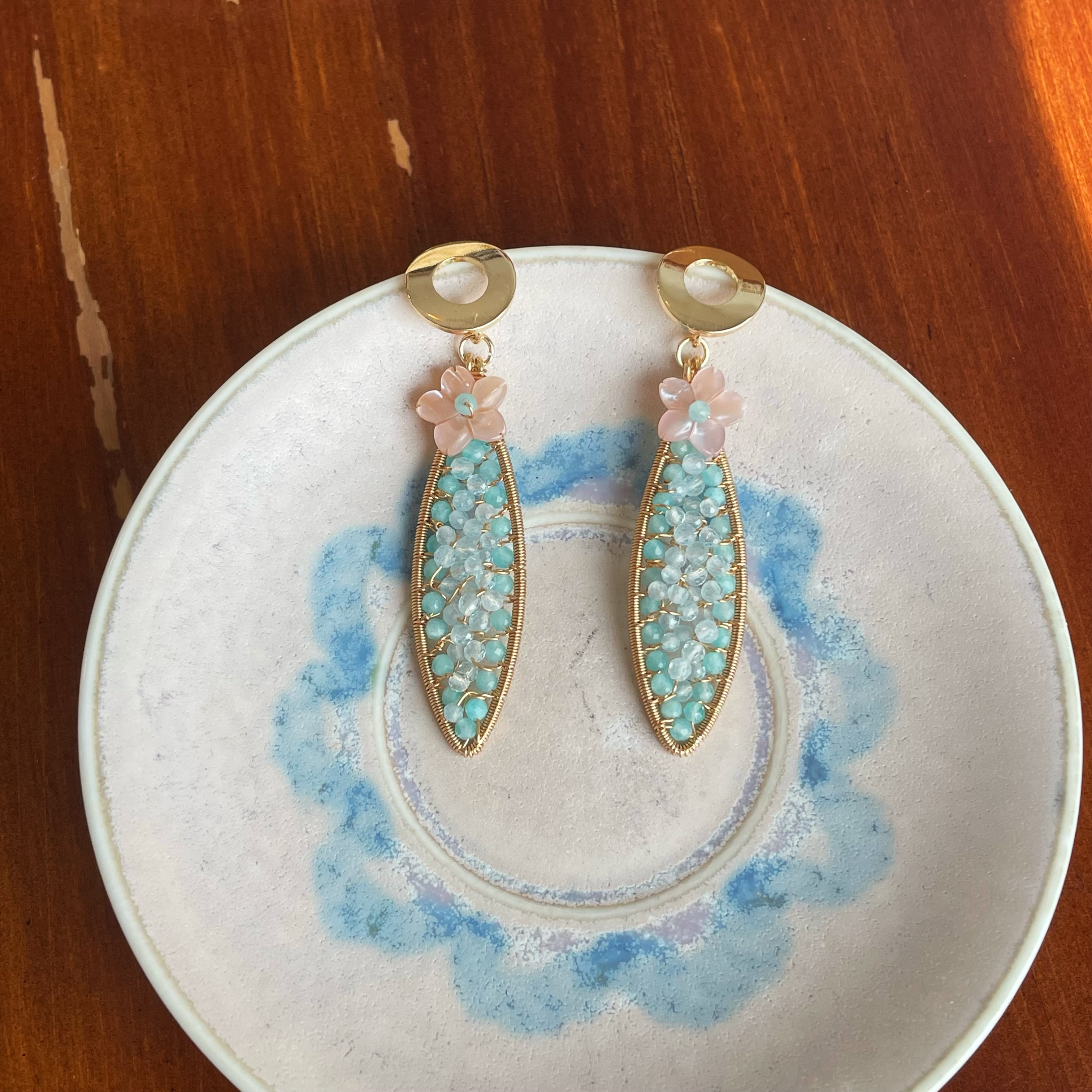 Handmade Aqua Bloom Leaf Earrings Amazonite and Aquamarine Wire-Wrapped Dangle Earrings