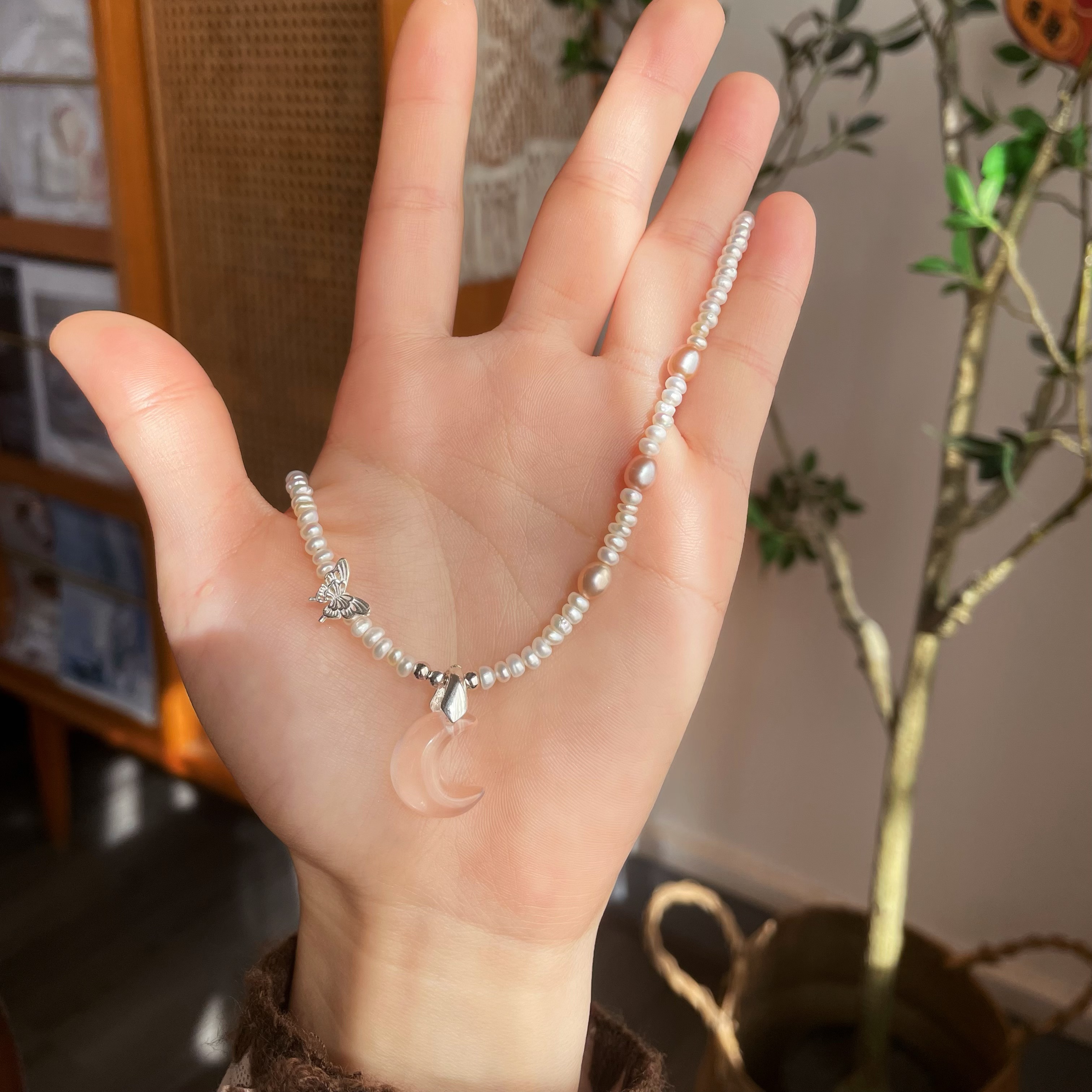 Handmade “Sweetheart” Pearls Short Necklace with Pink Rose Quartz Moon Pendant and Sterling Silver Butterfly