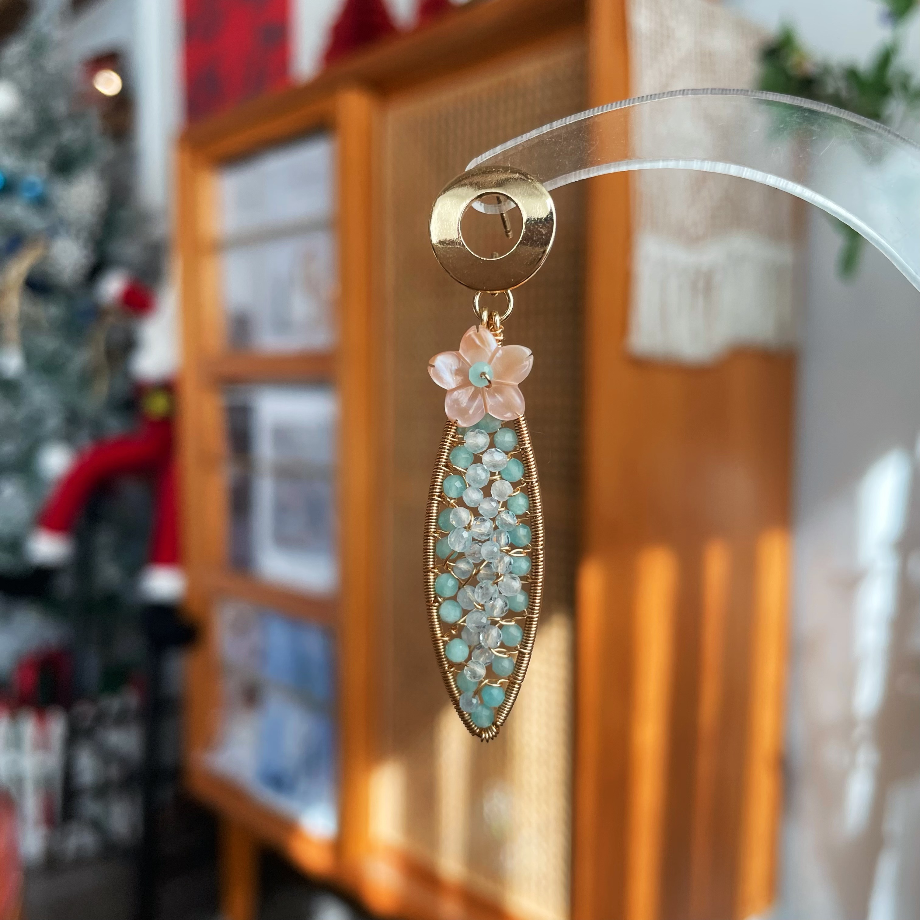 Handmade Aqua Bloom Leaf Earrings Amazonite and Aquamarine Wire-Wrapped Dangle Earrings