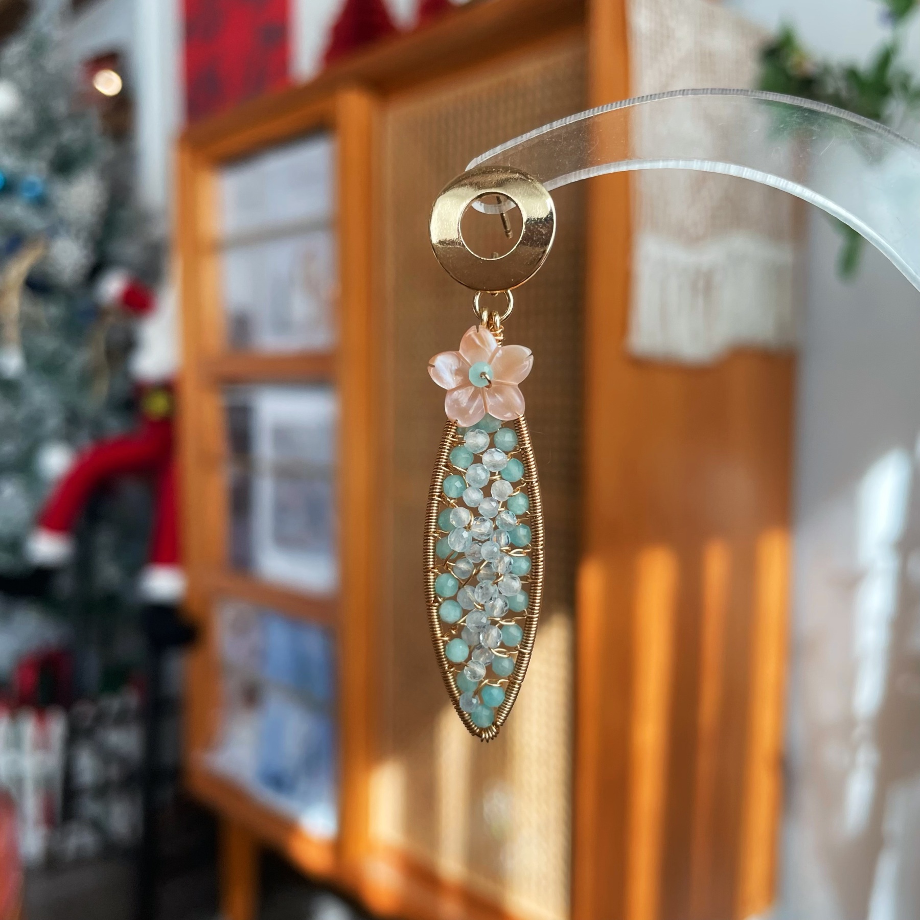 Handmade Aqua Bloom Leaf Earrings Amazonite and Aquamarine Wire-Wrapped Dangle Earrings