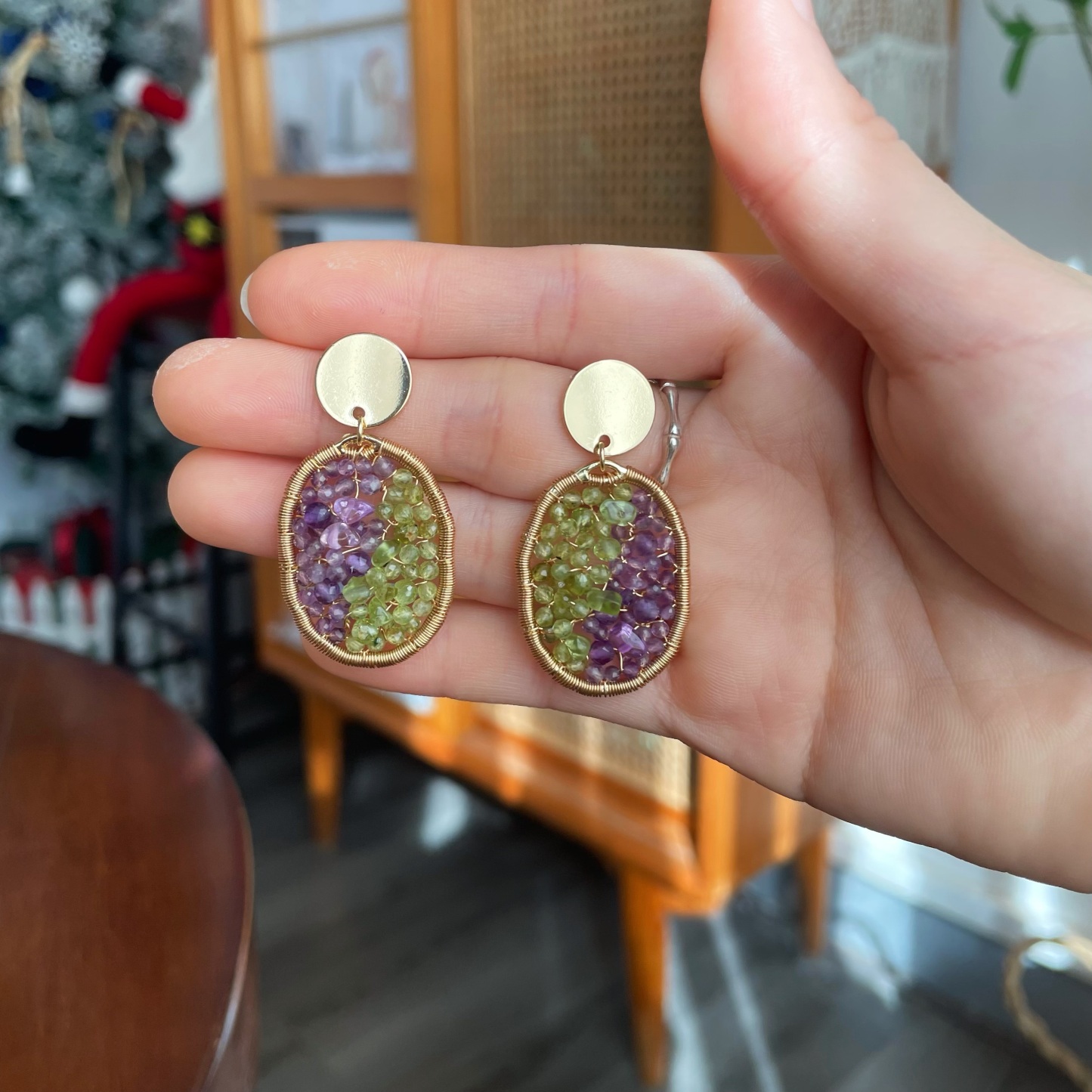 Handmade Magic Forest Amethyst and Peridot Wire Wrapped Earrings