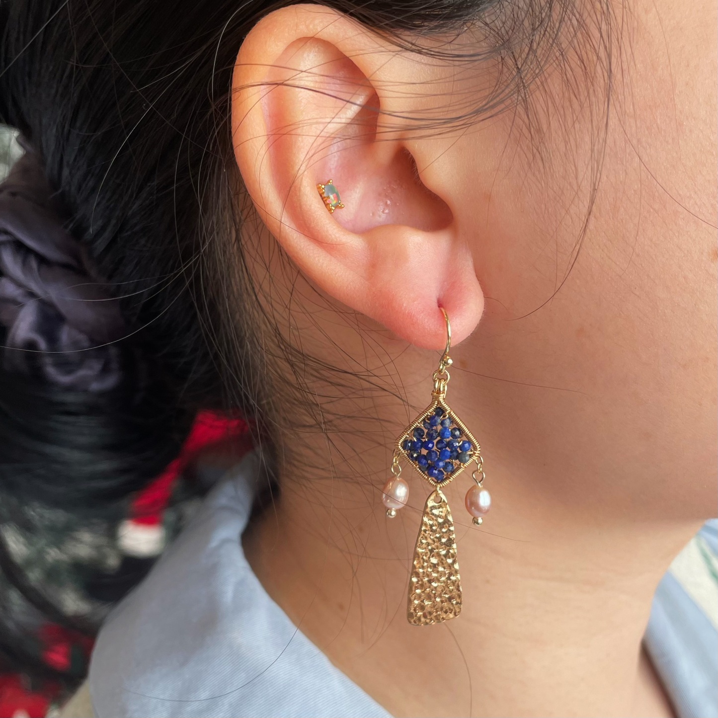 Handmade Lapis Lazuli Wire Wrapped Dangle Earrings with Lilac-Pink Pearls and Gold Hammered Drops