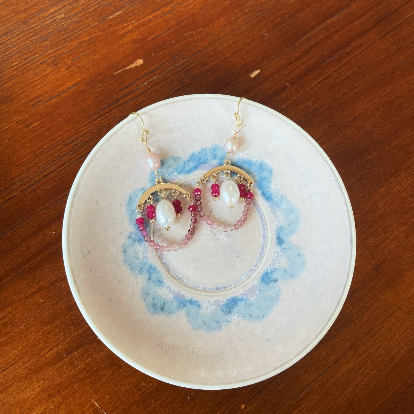 Handmade Pink Bubble Ruby and Tourmaline Hoop Earrings with Freshwater Pearl Drop 