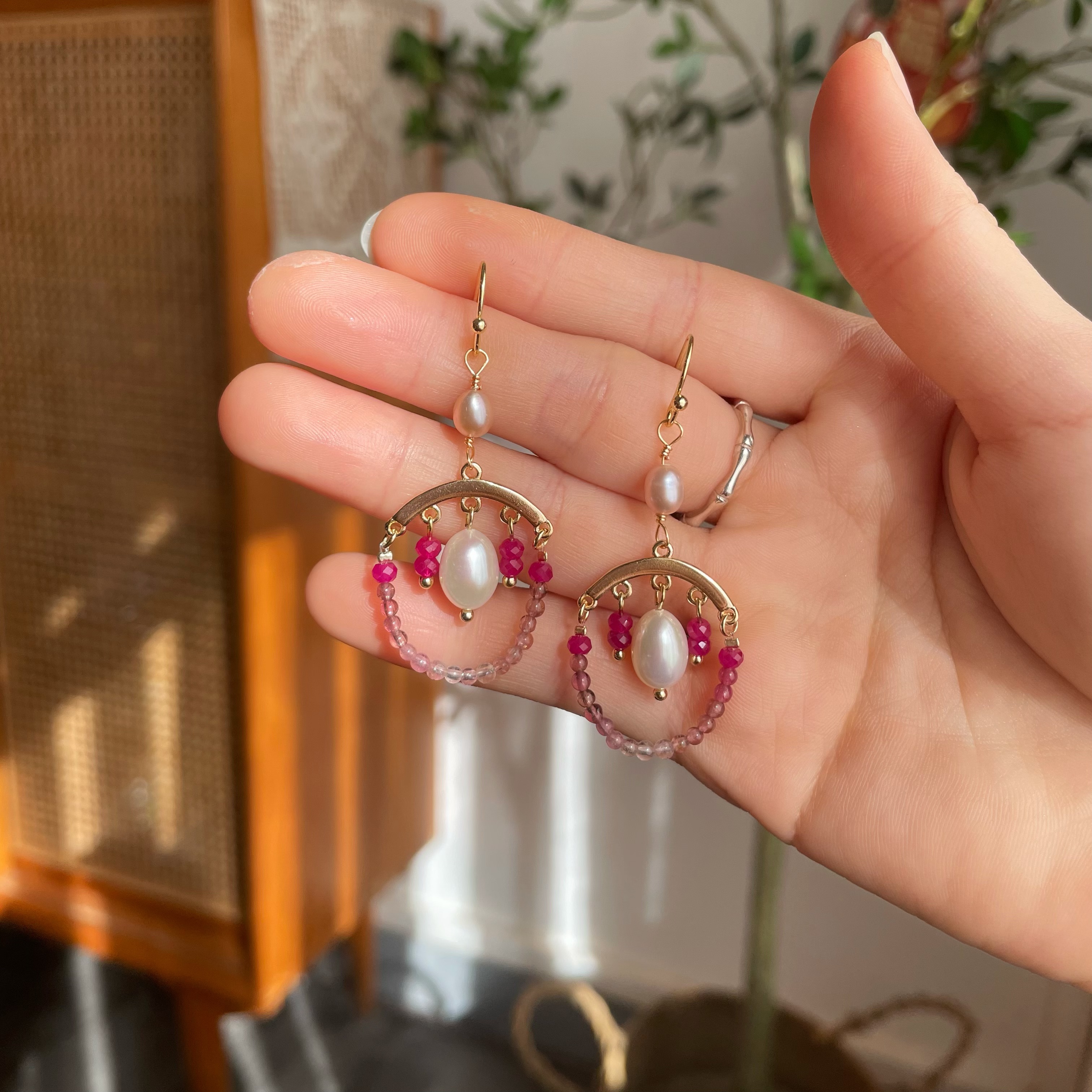 Handmade Pink Bubble Ruby and Tourmaline Hoop Earrings with Freshwater Pearl Drop 