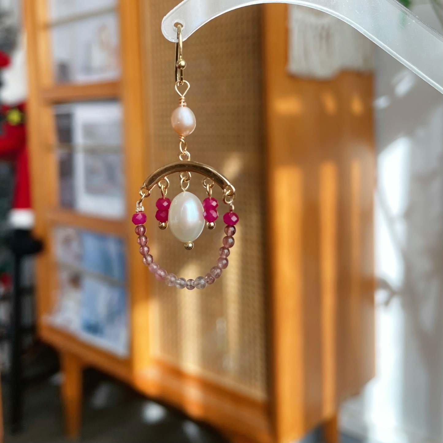 Handmade Pink Bubble Ruby and Tourmaline Hoop Earrings with Freshwater Pearl Drop 