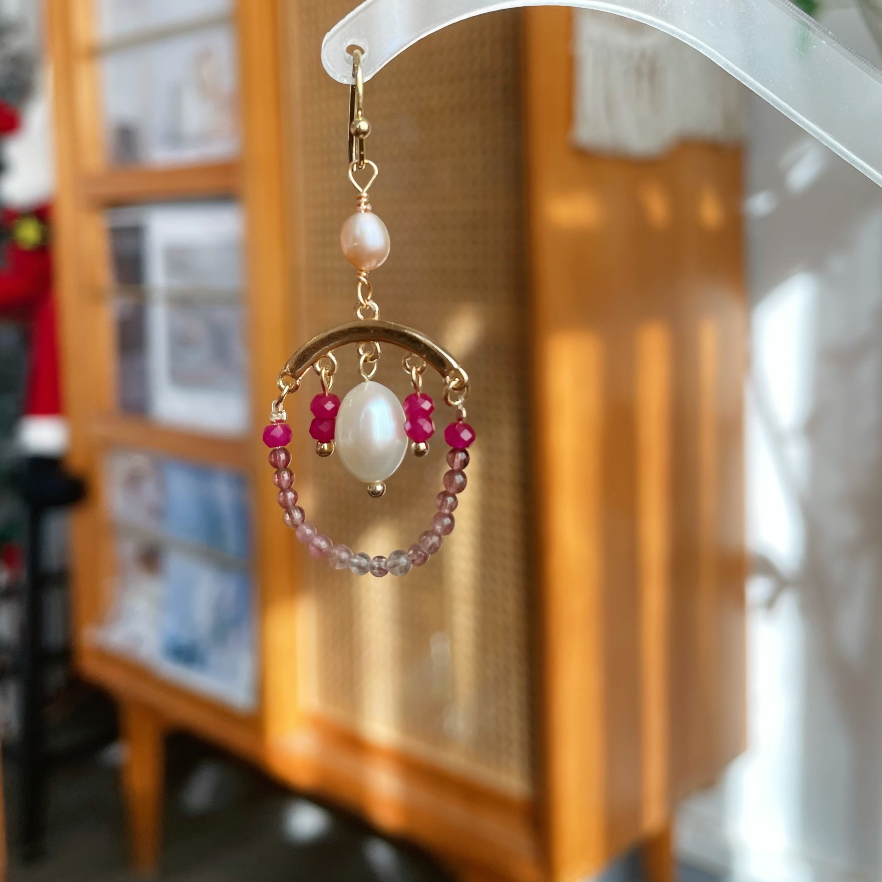 Handmade Pink Bubble Ruby and Tourmaline Hoop Earrings with Freshwater Pearl Drop 