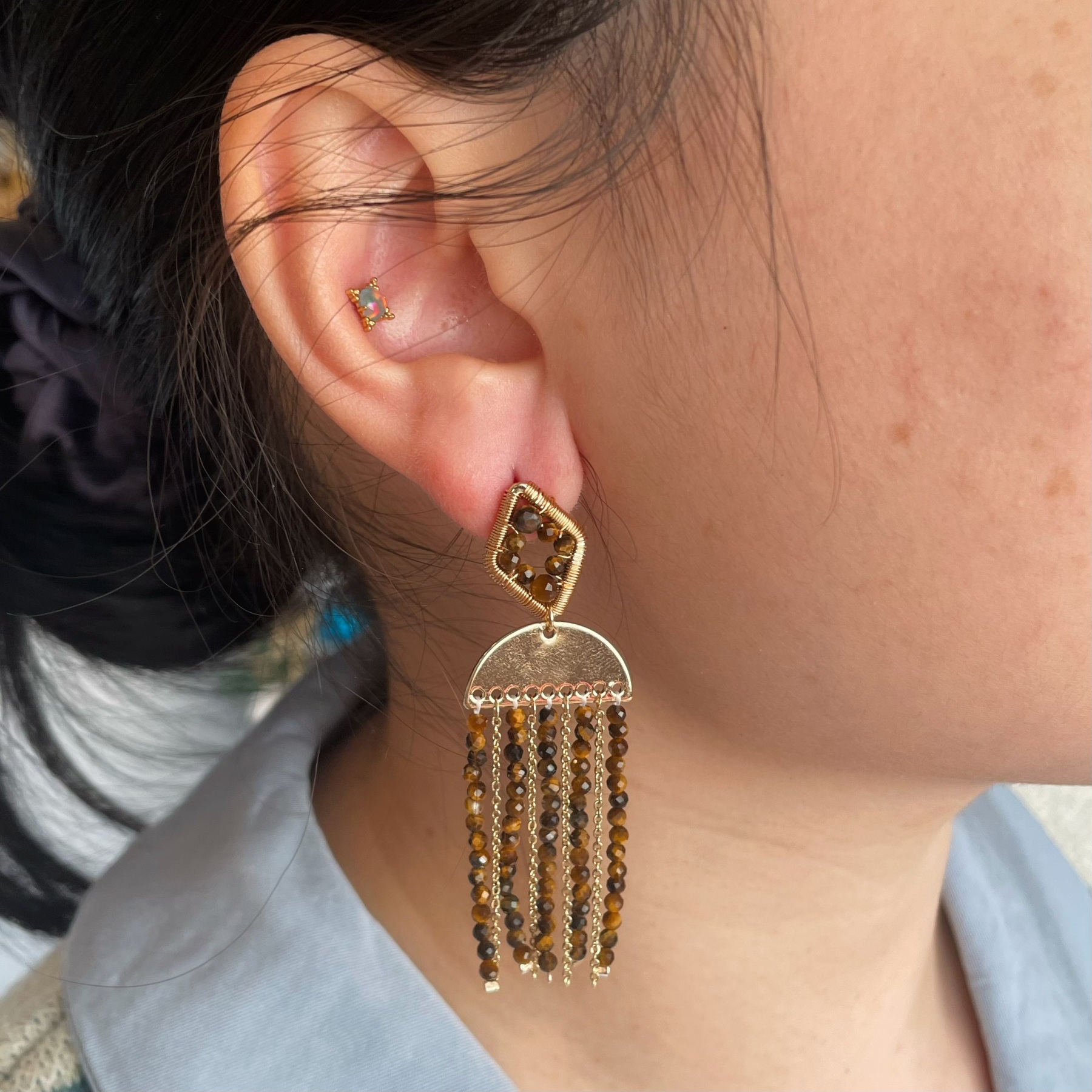 Handmade Tiger’s Eye Fringe Earrings – Boho Dangle Statement Earrings