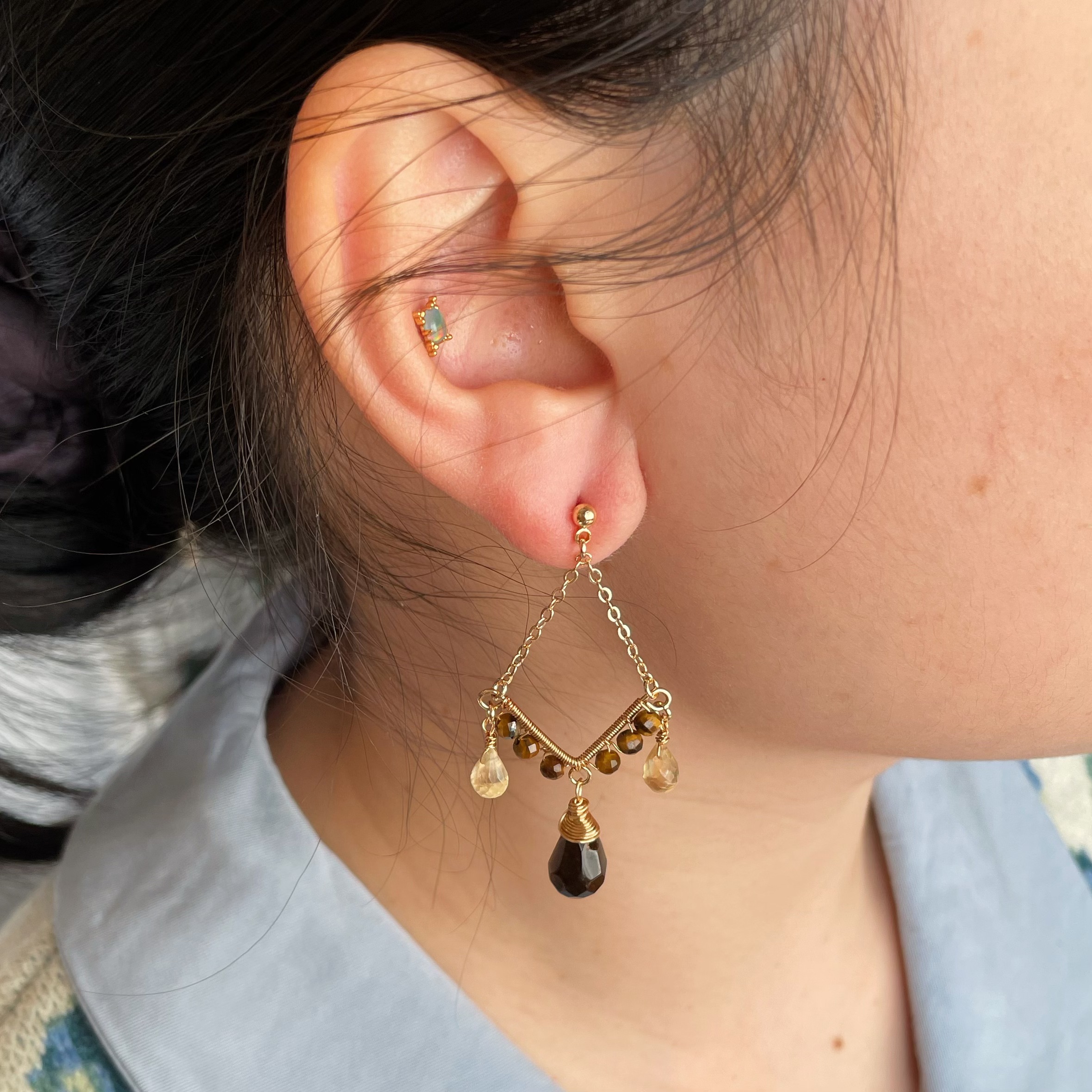 Handmade Earth Veins and Sunlight Tiger’s Eye and Citrine Wire Wrapped Drop Earrings 