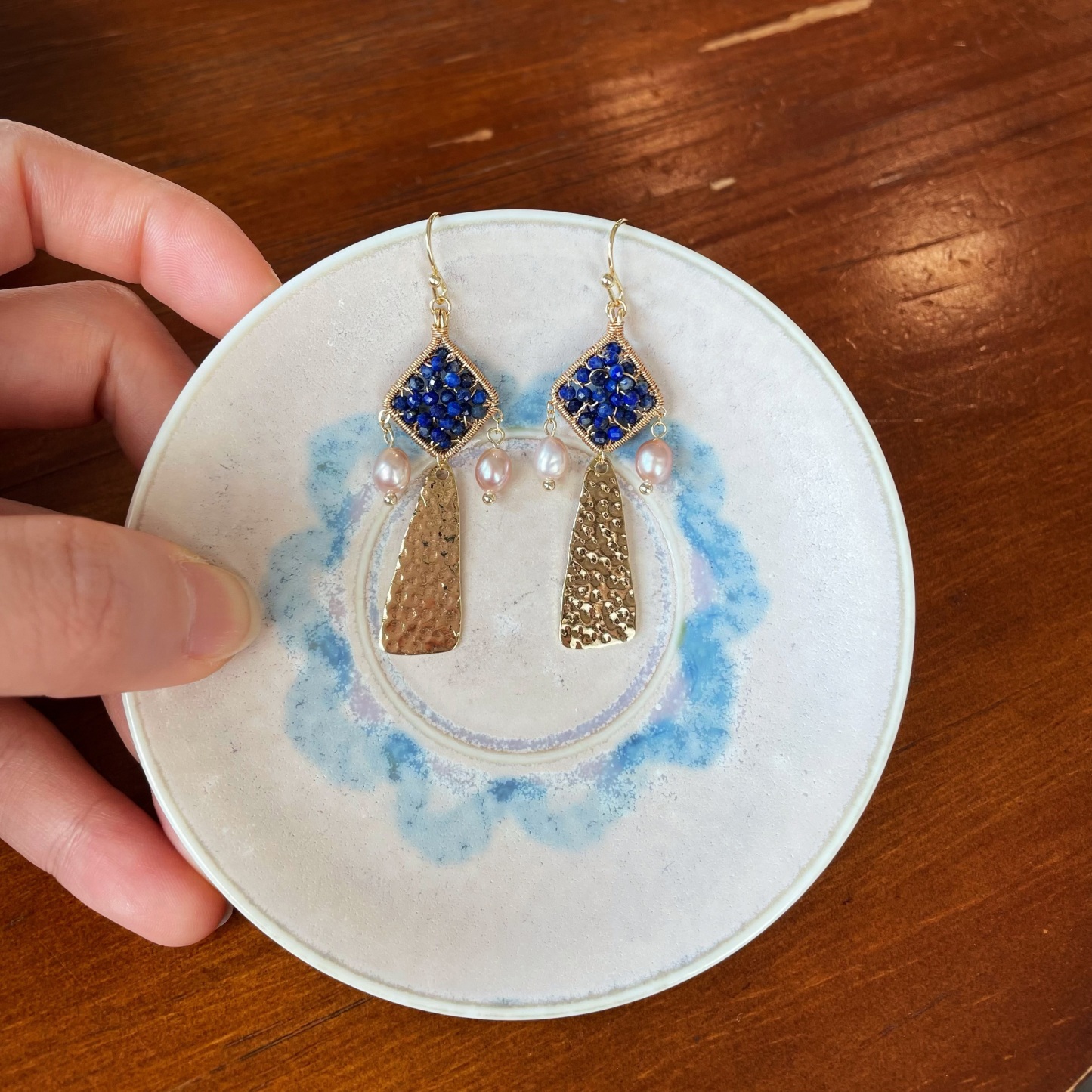 Handmade Lapis Lazuli Wire Wrapped Dangle Earrings with Lilac-Pink Pearls and Gold Hammered Drops