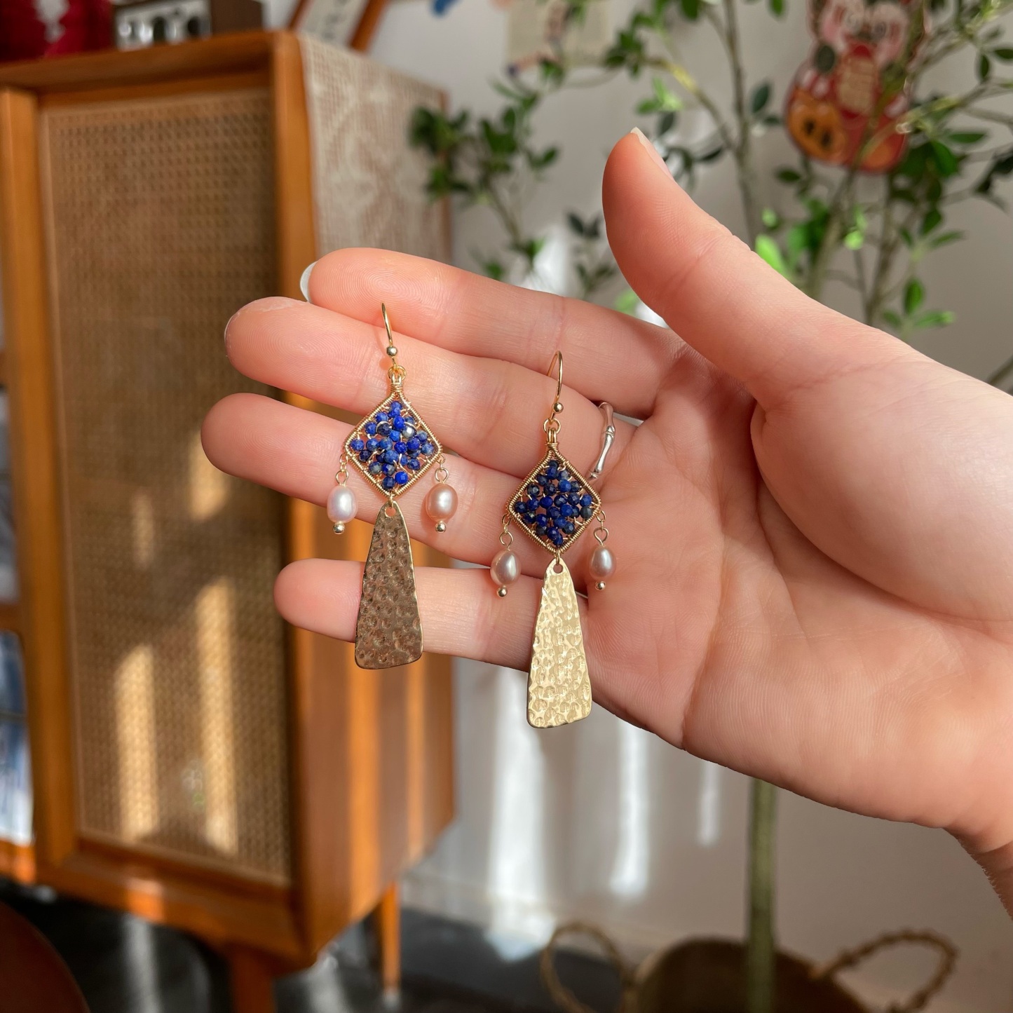 Handmade Lapis Lazuli Wire Wrapped Dangle Earrings with Lilac-Pink Pearls and Gold Hammered Drops