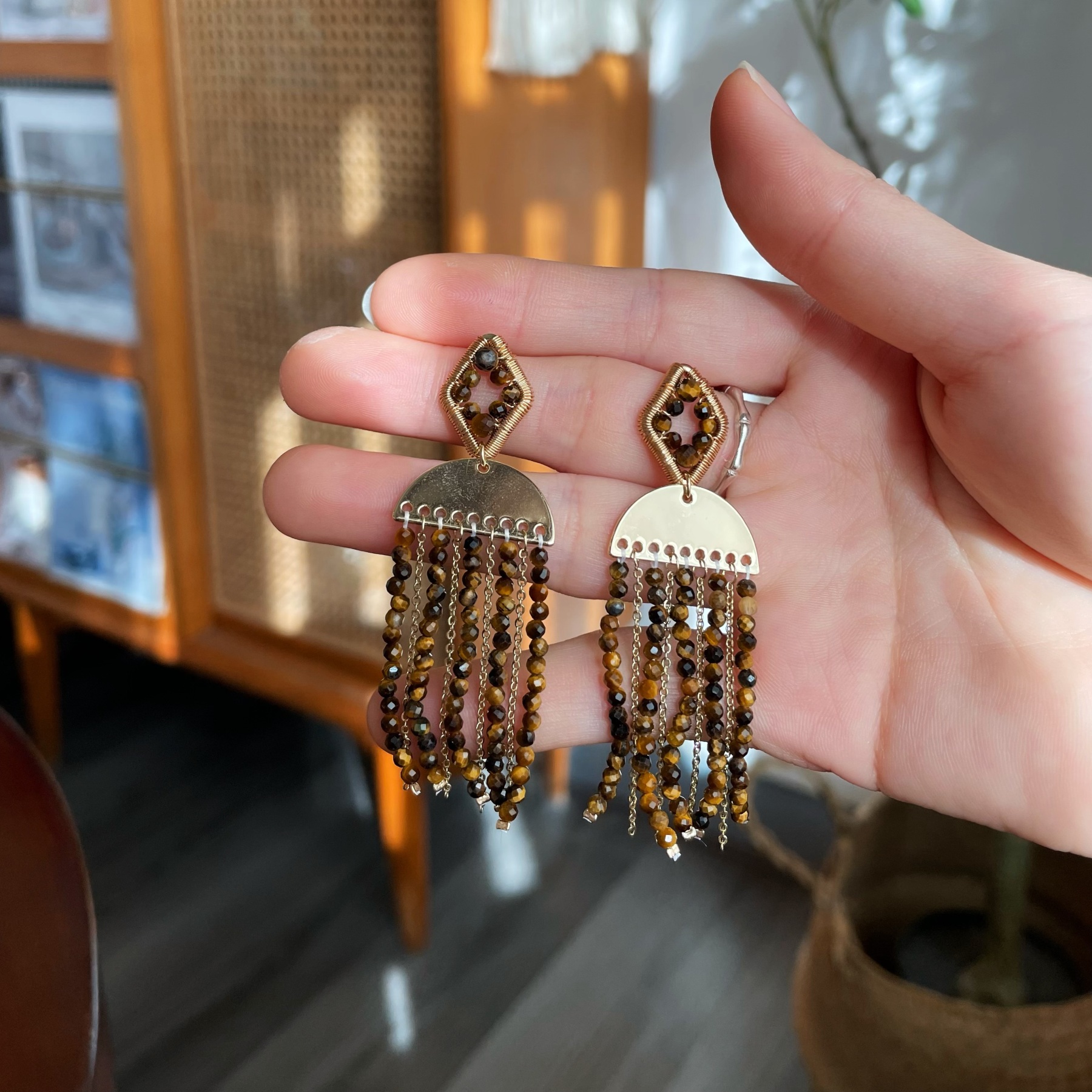 Handmade Tiger’s Eye Fringe Earrings – Boho Dangle Statement Earrings