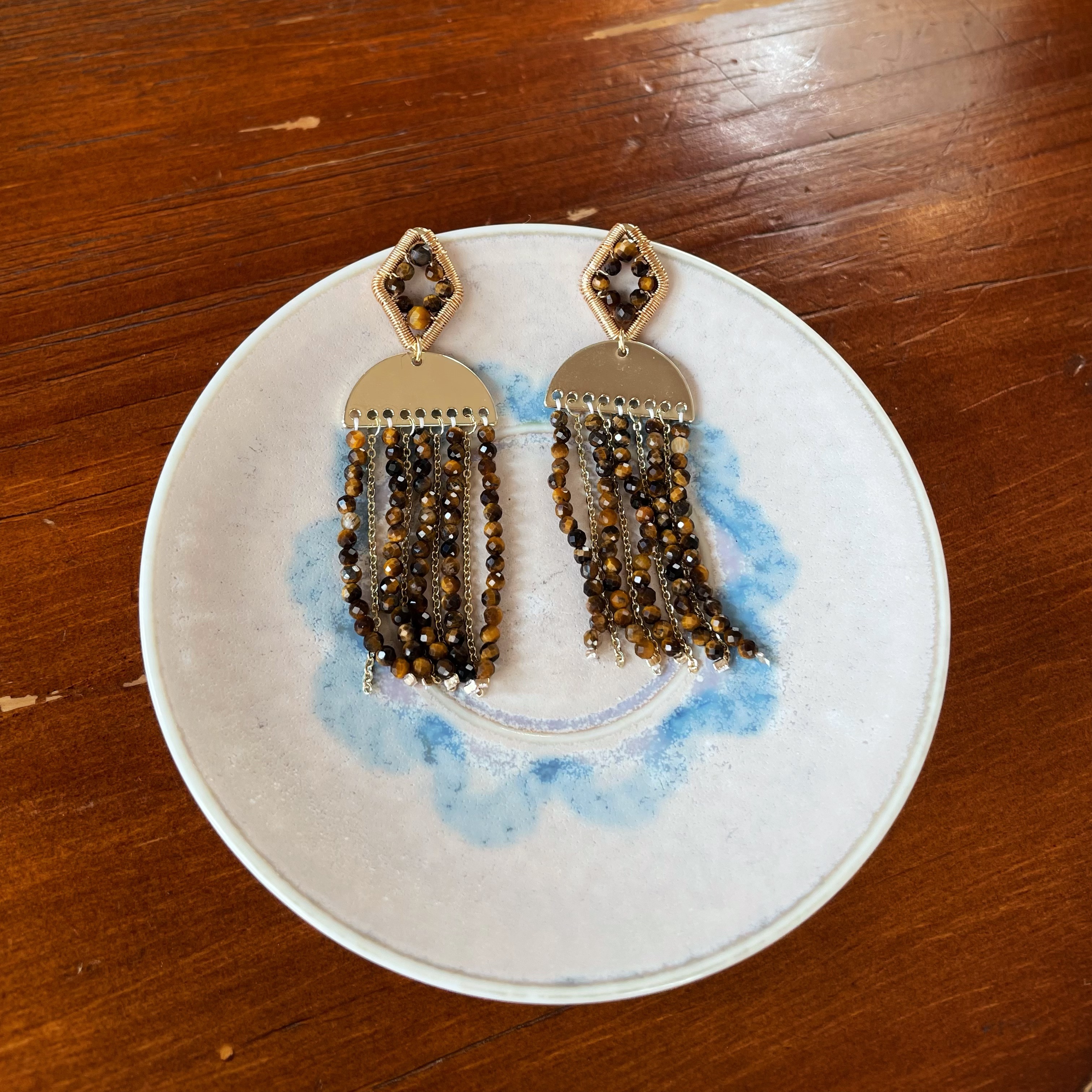 Handmade Tiger’s Eye Fringe Earrings – Boho Dangle Statement Earrings