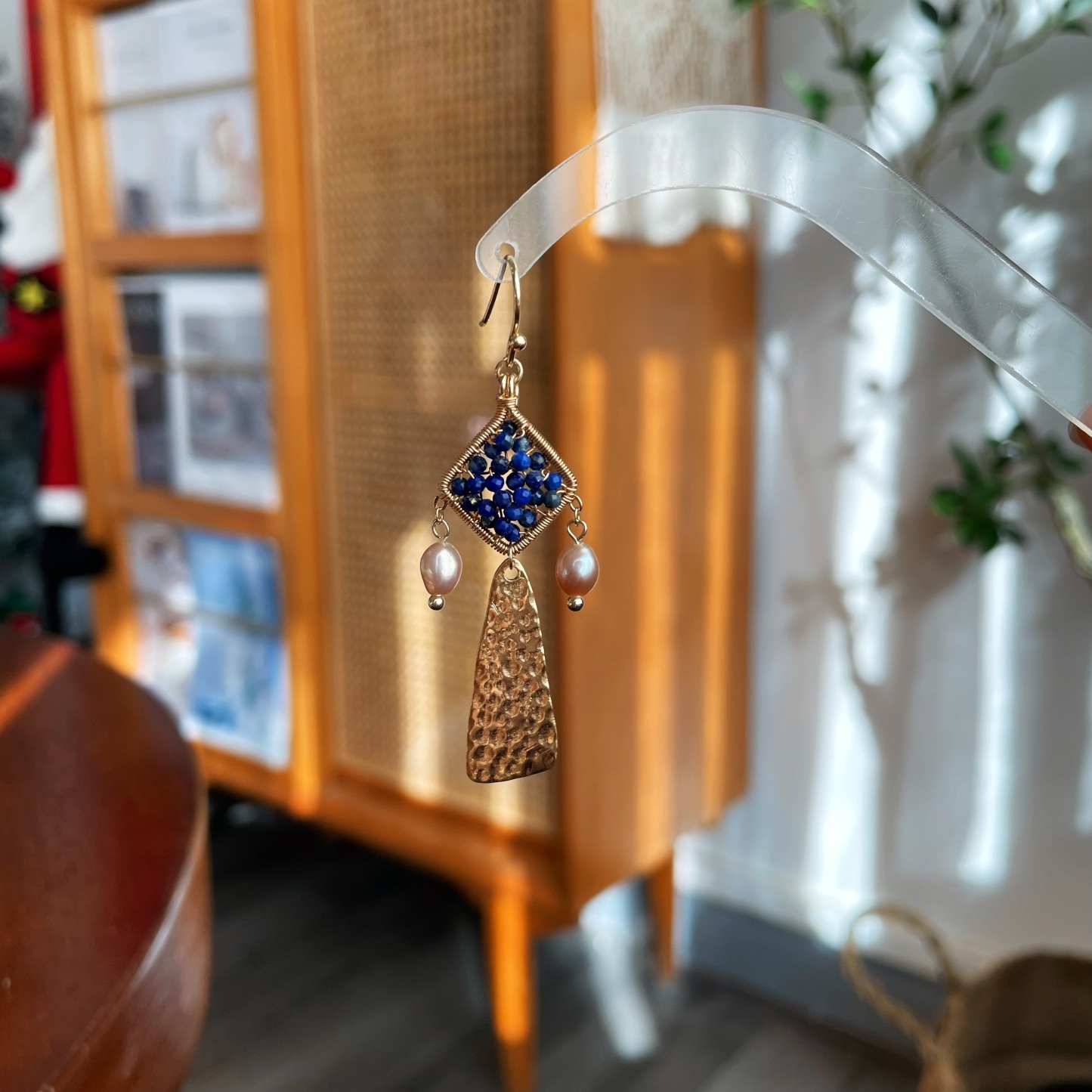 Handmade Lapis Lazuli Wire Wrapped Dangle Earrings with Lilac-Pink Pearls and Gold Hammered Drops