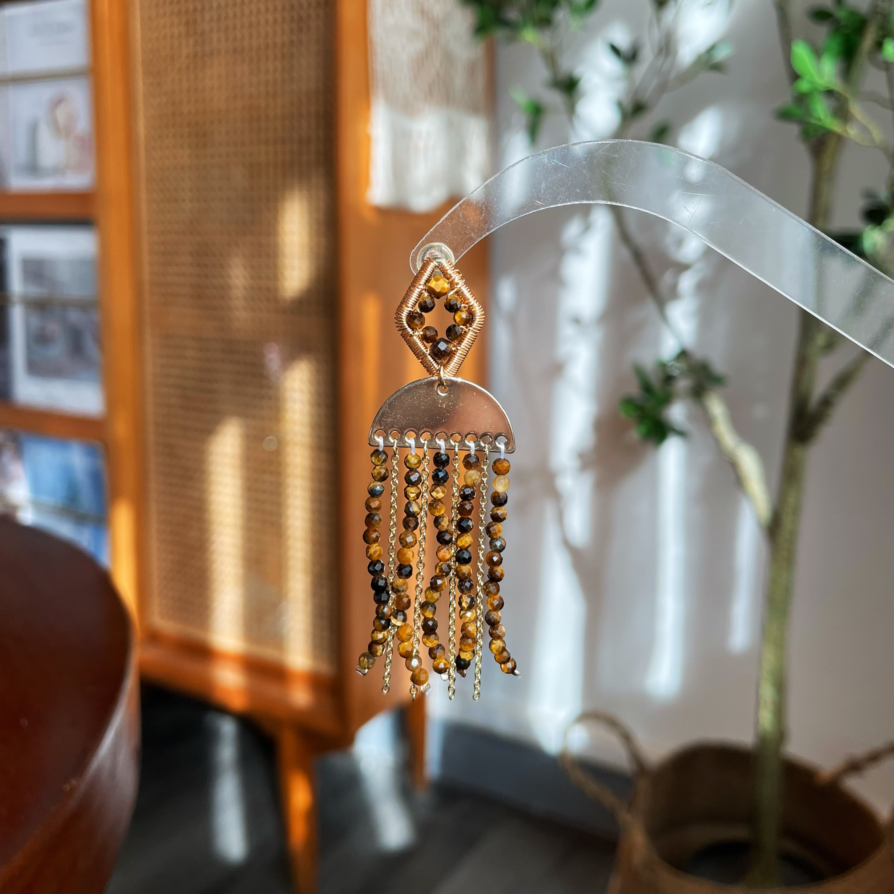 Handmade Tiger’s Eye Fringe Earrings – Boho Dangle Statement Earrings