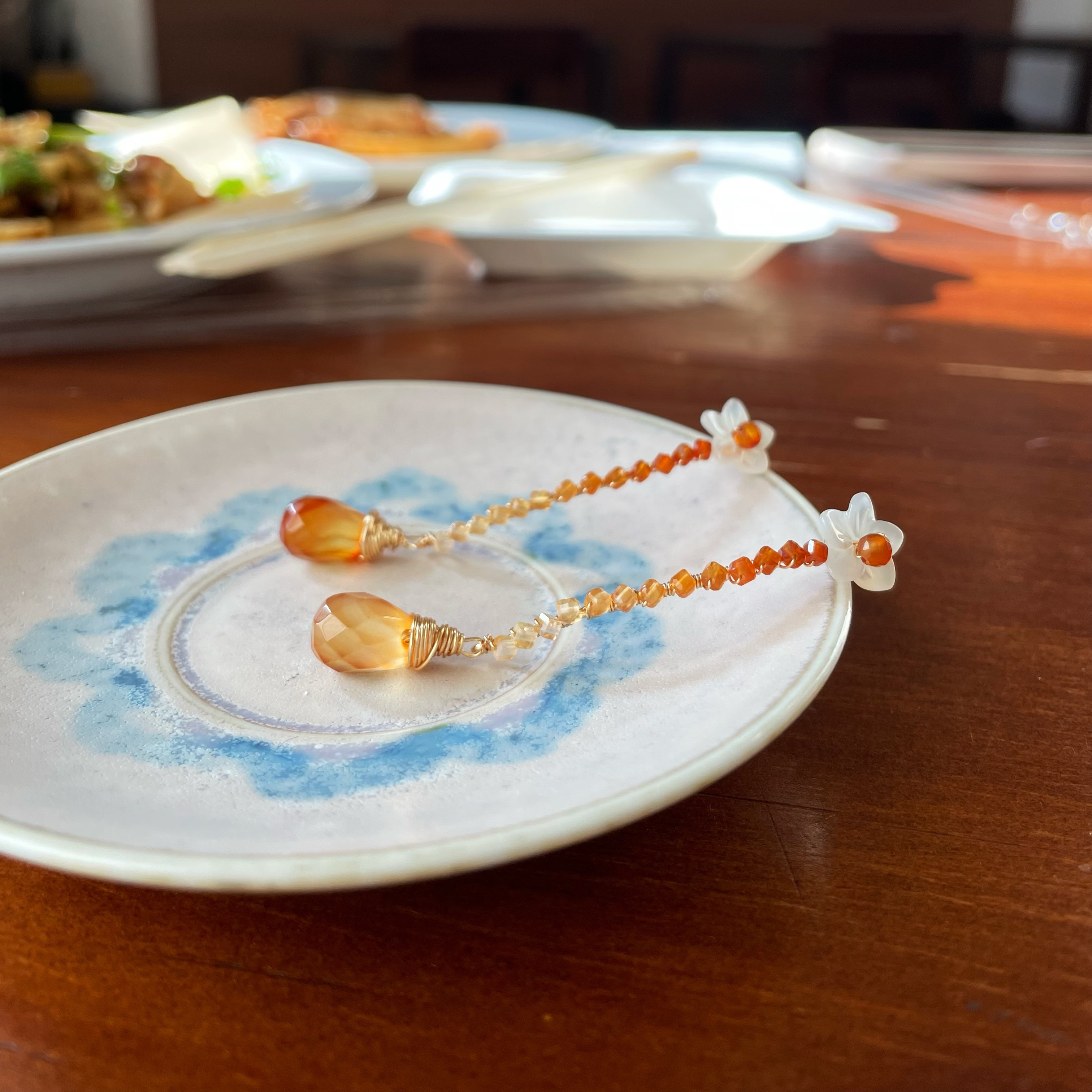Handmade Sunset Blossom Gradient Red Agate Earrings with Shell Flower  and Red Agate Drop