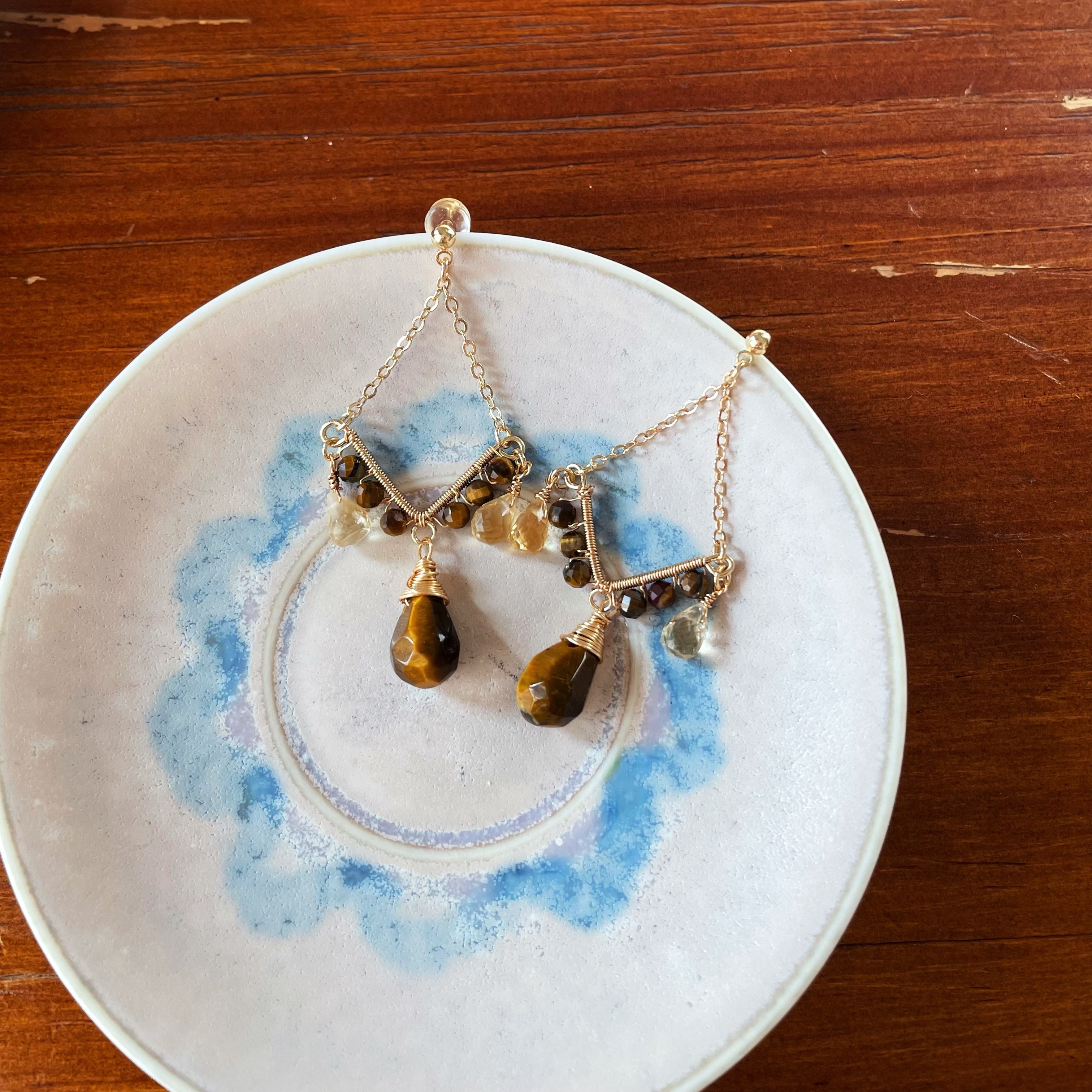 Handmade Earth Veins and Sunlight Tiger’s Eye and Citrine Wire Wrapped Drop Earrings 