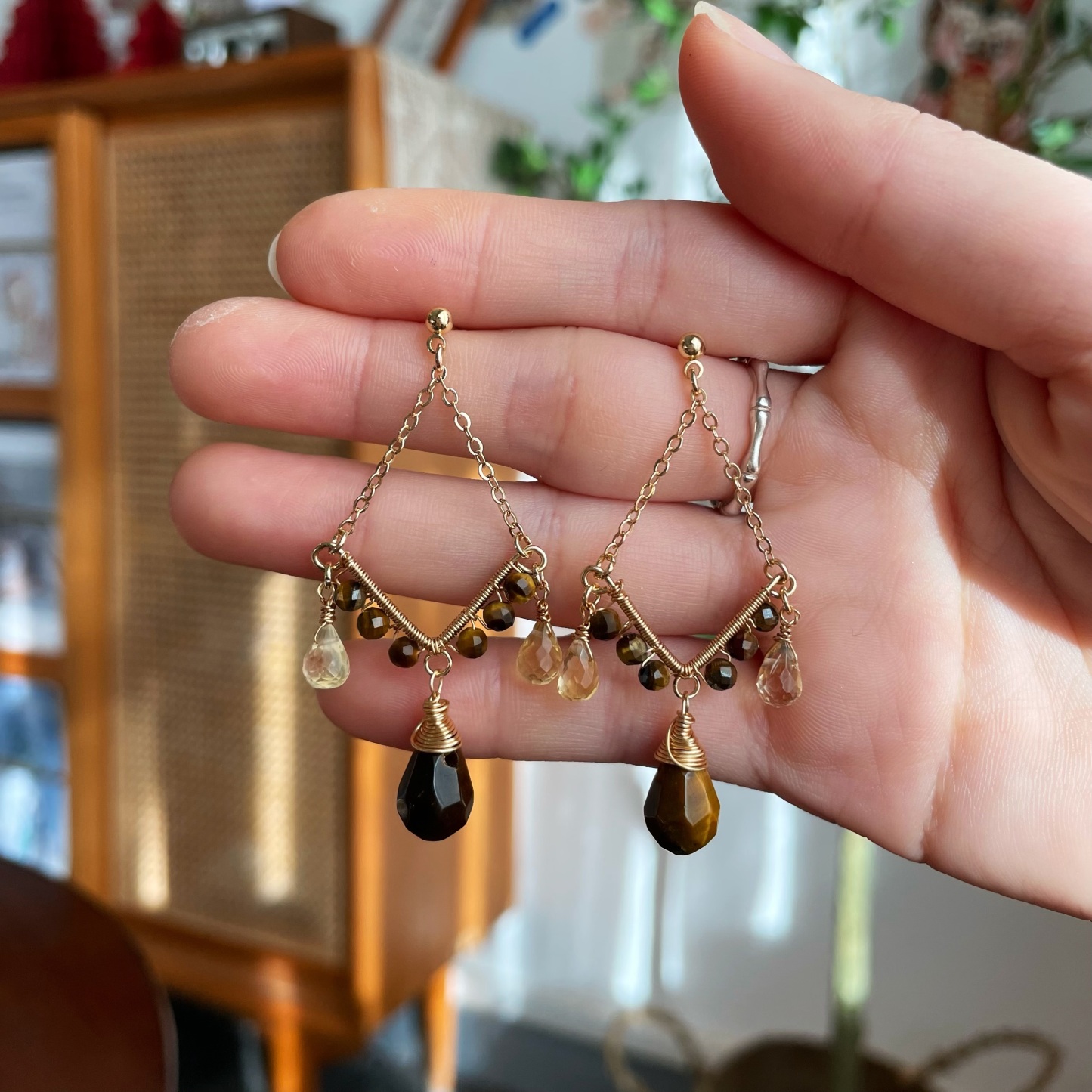 Handmade Earth Veins and Sunlight Tiger’s Eye and Citrine Wire Wrapped Drop Earrings 