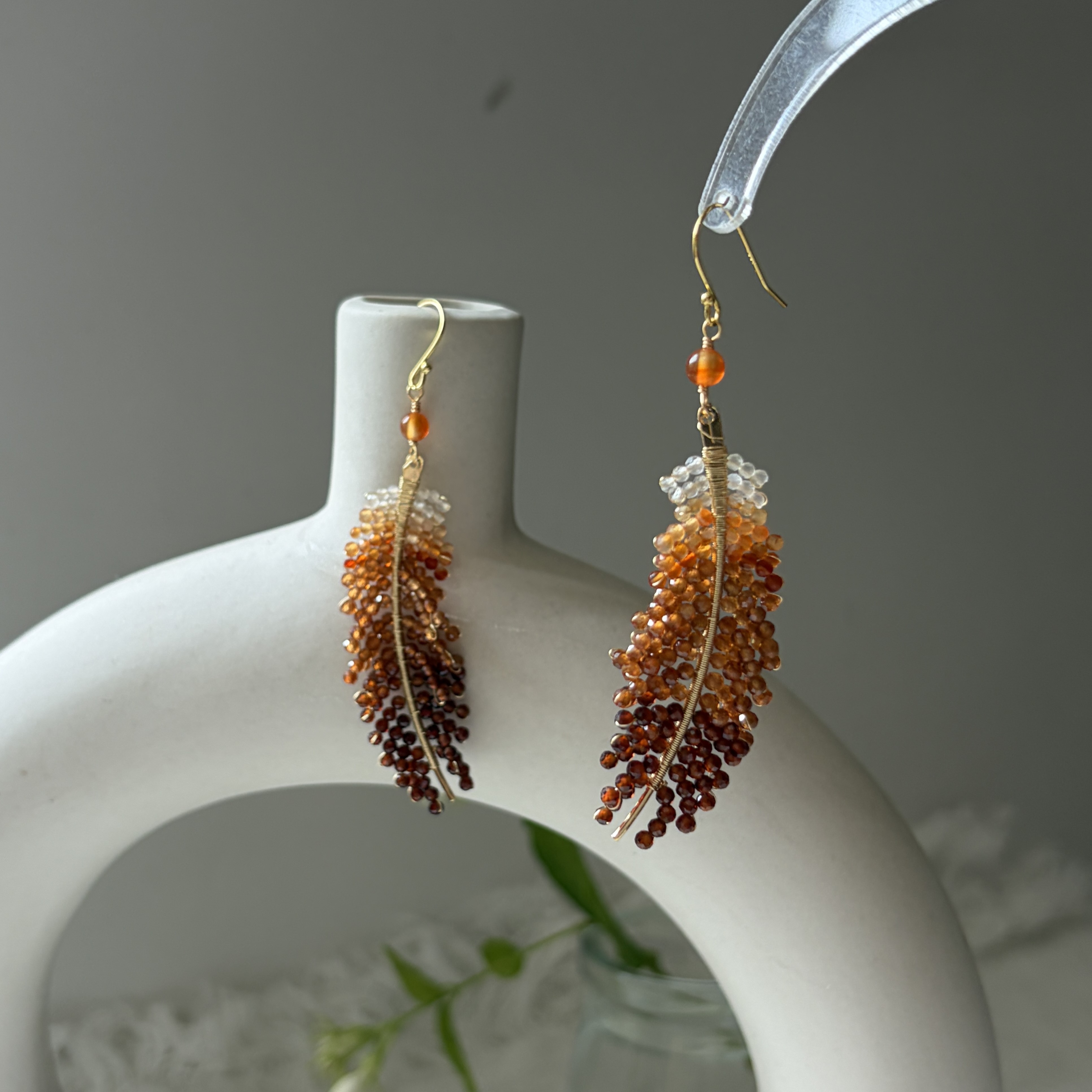 EMBERWING Earrings Red Agate & Hessonite Garnet Feather Earrings