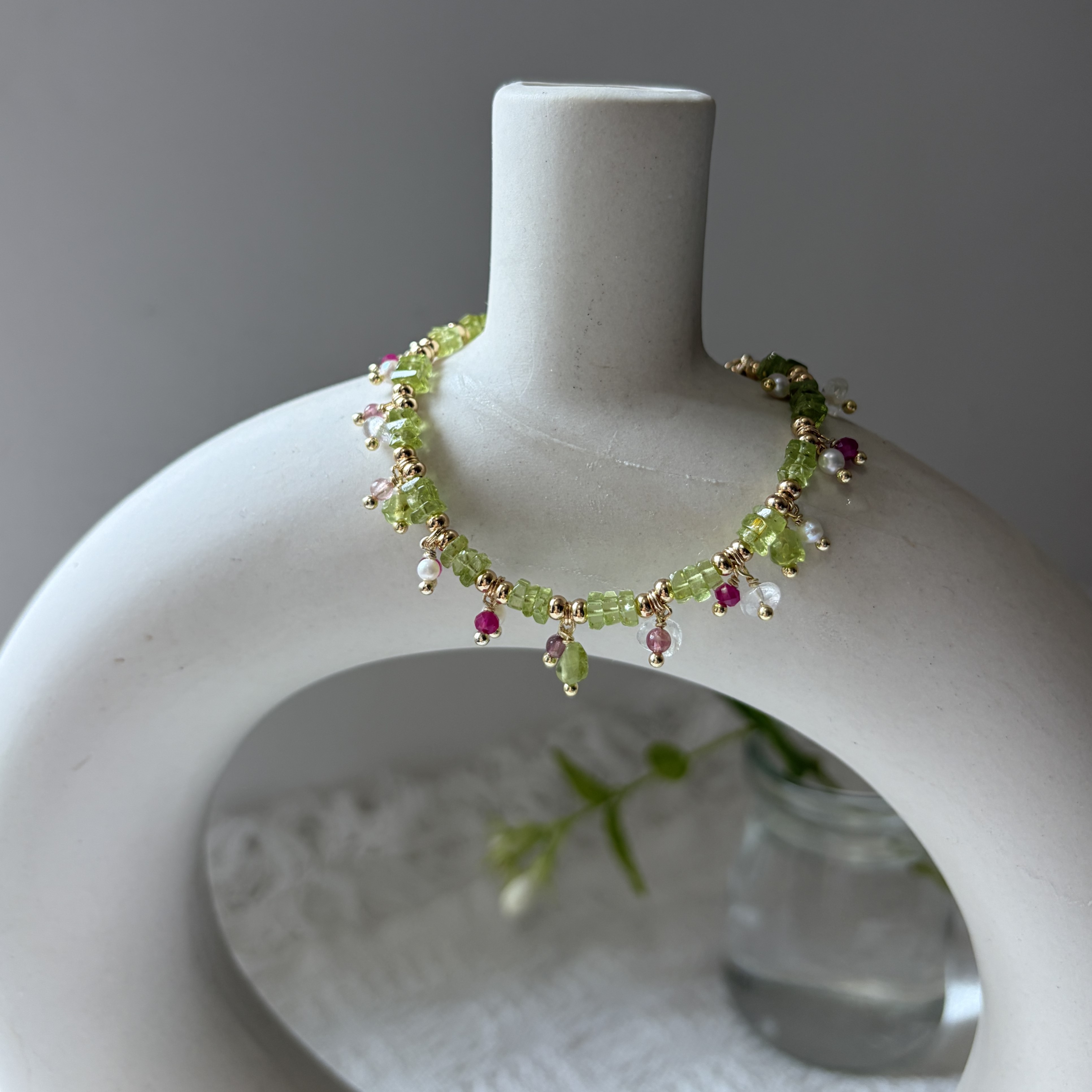 A Taste of Flora & Country Green Gemstone Bracelet Peridot Tourmaline Ruby Pearl
