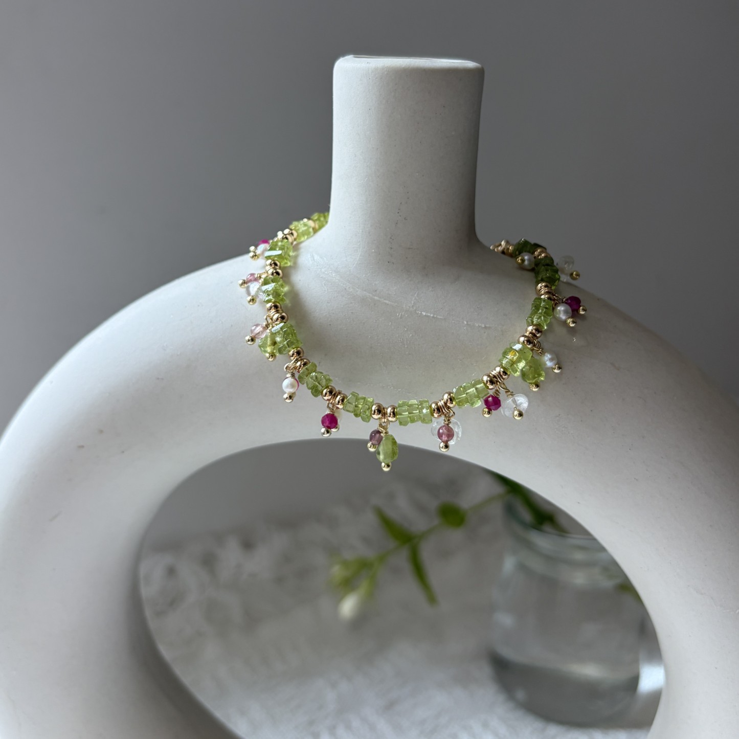 A Taste of Flora & Country Green Gemstone Bracelet Peridot Tourmaline Ruby Pearl