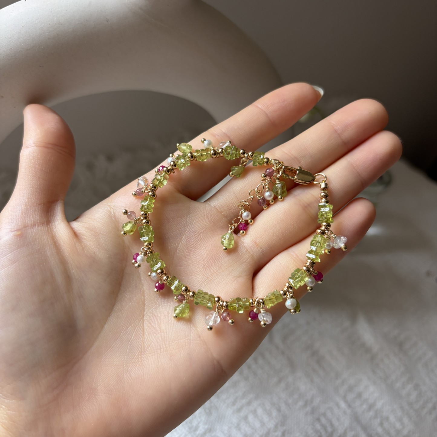 A Taste of Flora & Country Green Gemstone Bracelet Peridot Tourmaline Ruby Pearl