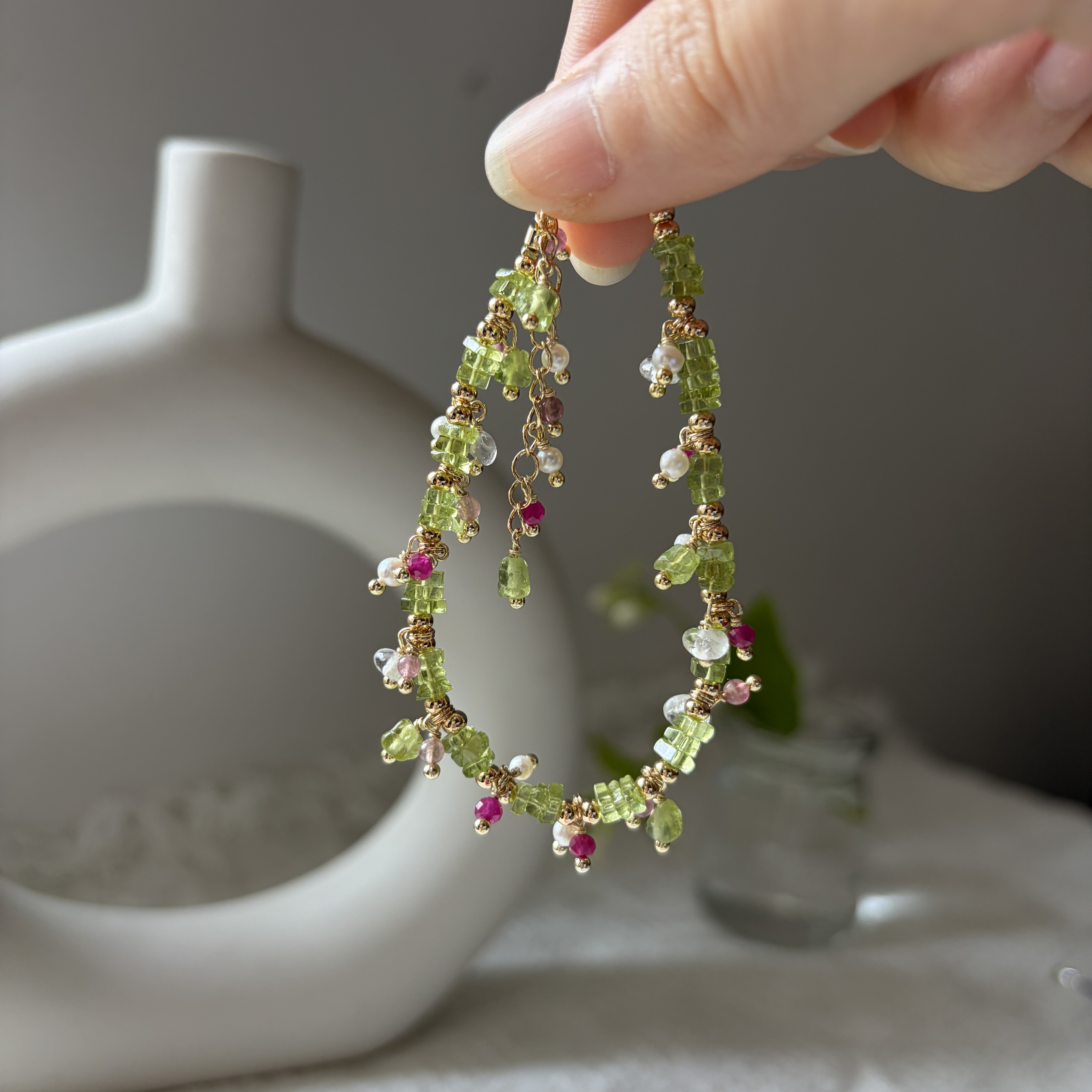 A Taste of Flora & Country Green Gemstone Bracelet Peridot Tourmaline Ruby Pearl