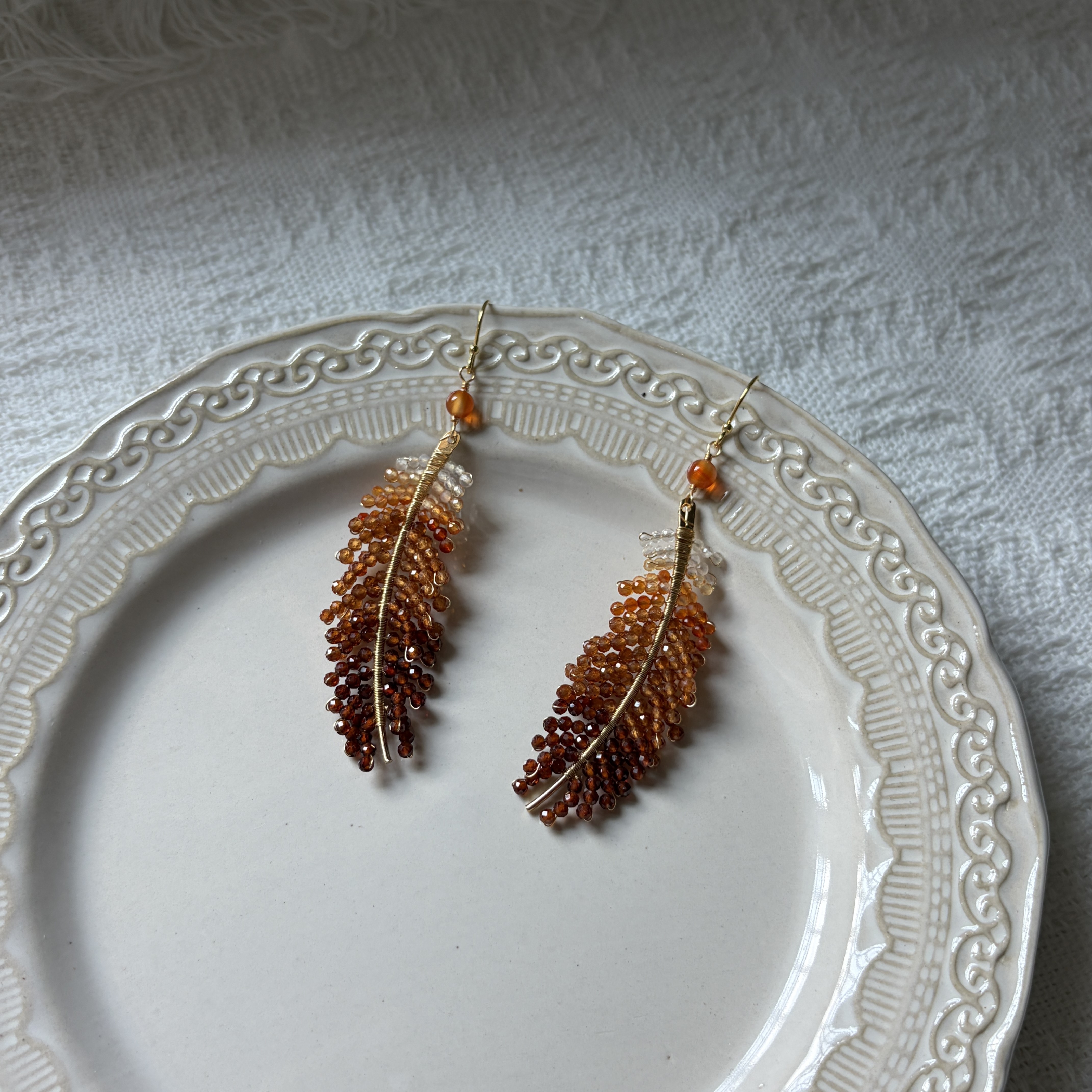 EMBERWING Earrings Red Agate & Hessonite Garnet Feather Earrings