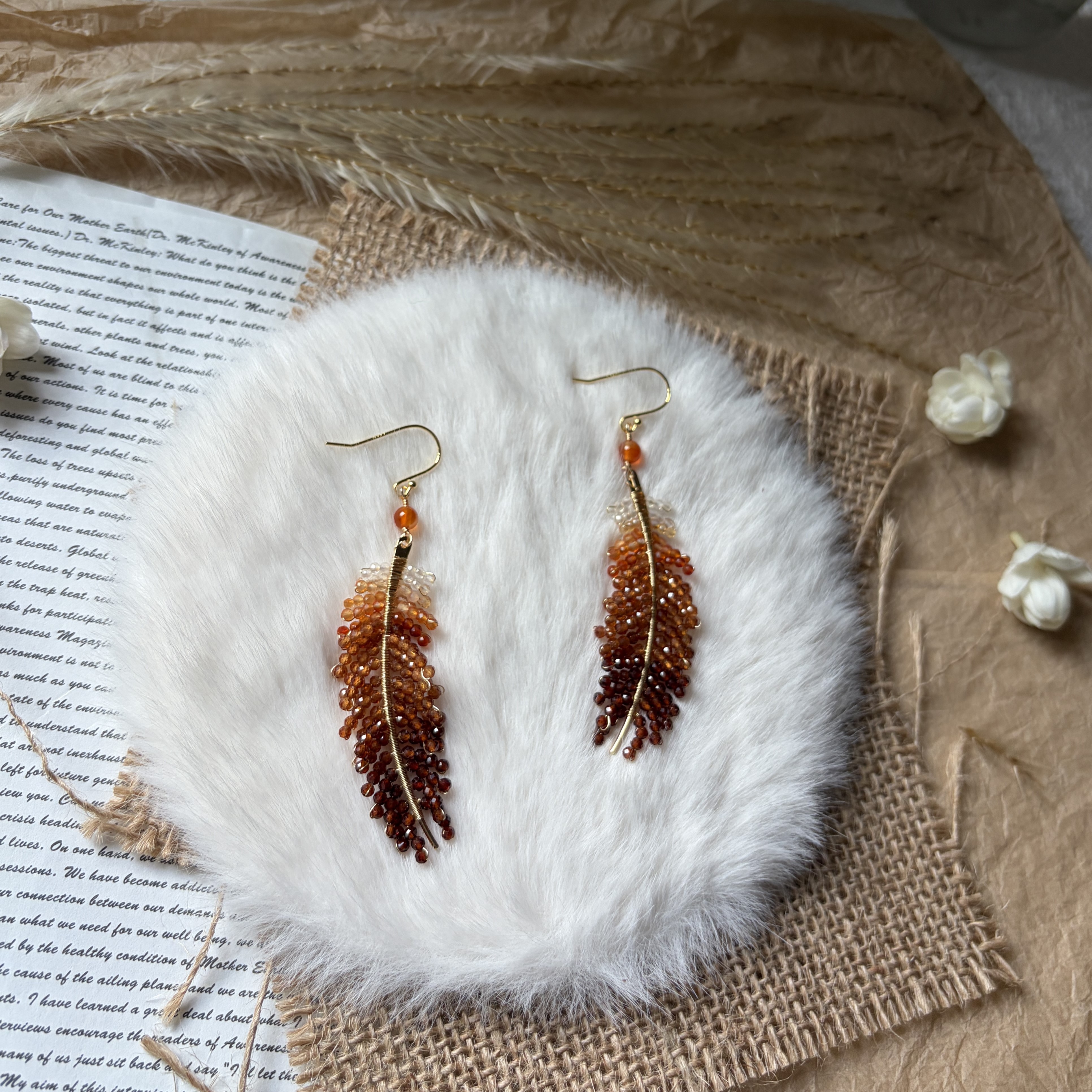 EMBERWING Earrings Red Agate & Hessonite Garnet Feather Earrings