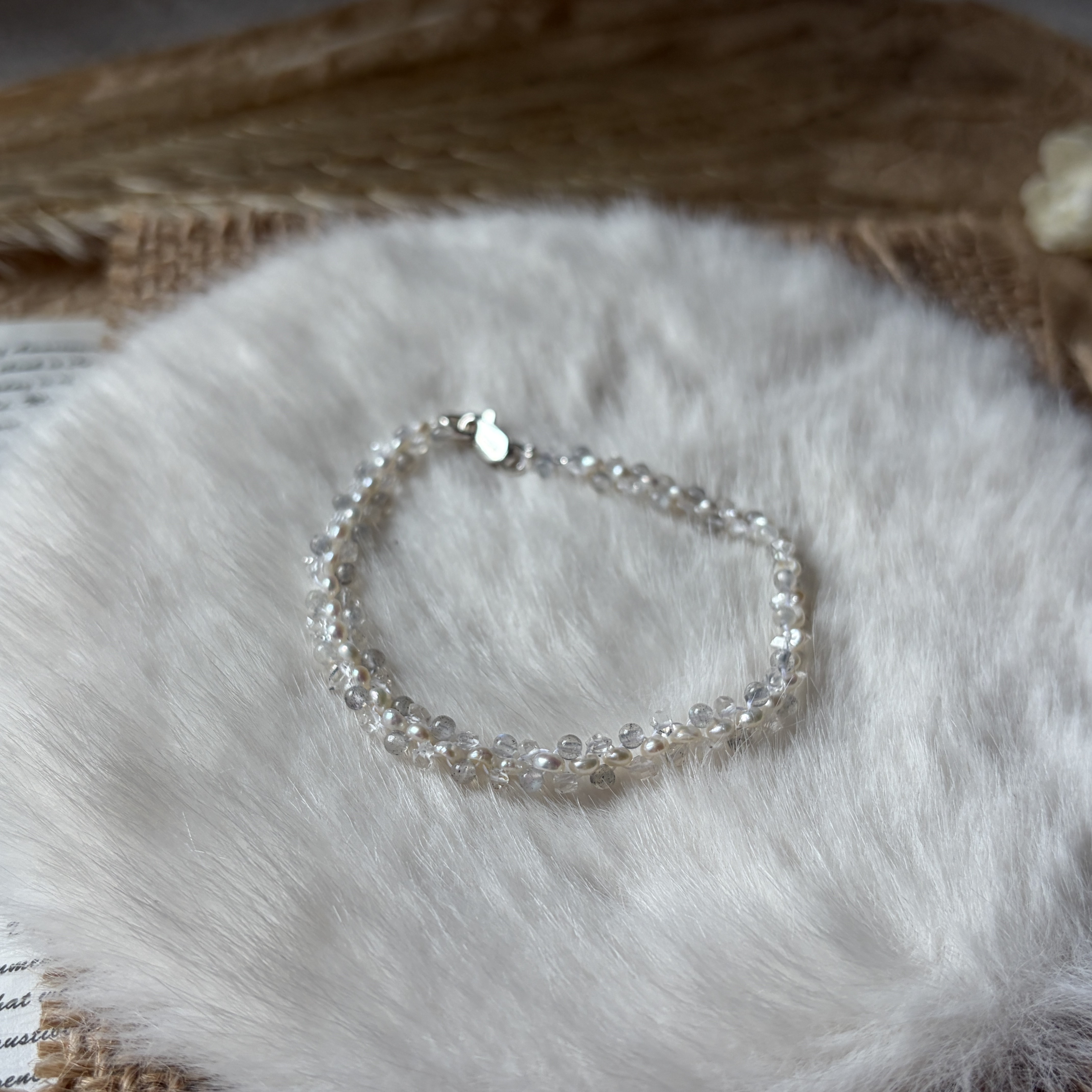 LITTLE GALAXY Handwoven Herkimer Quartz, Labradorite & Freshwater Pearl Bracelet