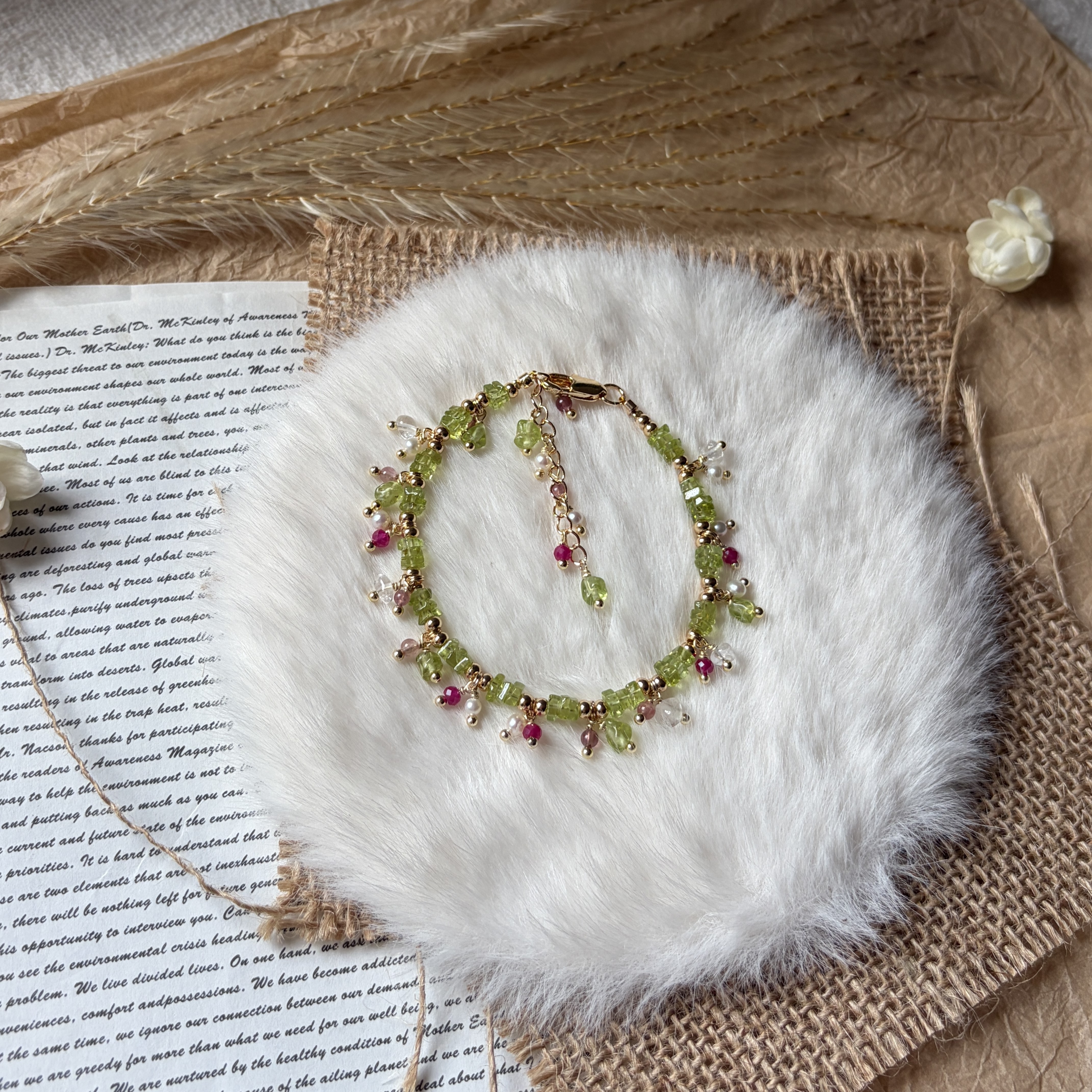 A Taste of Flora & Country Green Gemstone Bracelet Peridot Tourmaline Ruby Pearl
