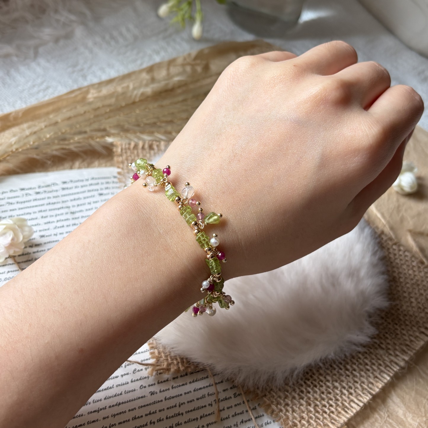 A Taste of Flora & Country Green Gemstone Bracelet Peridot Tourmaline Ruby Pearl