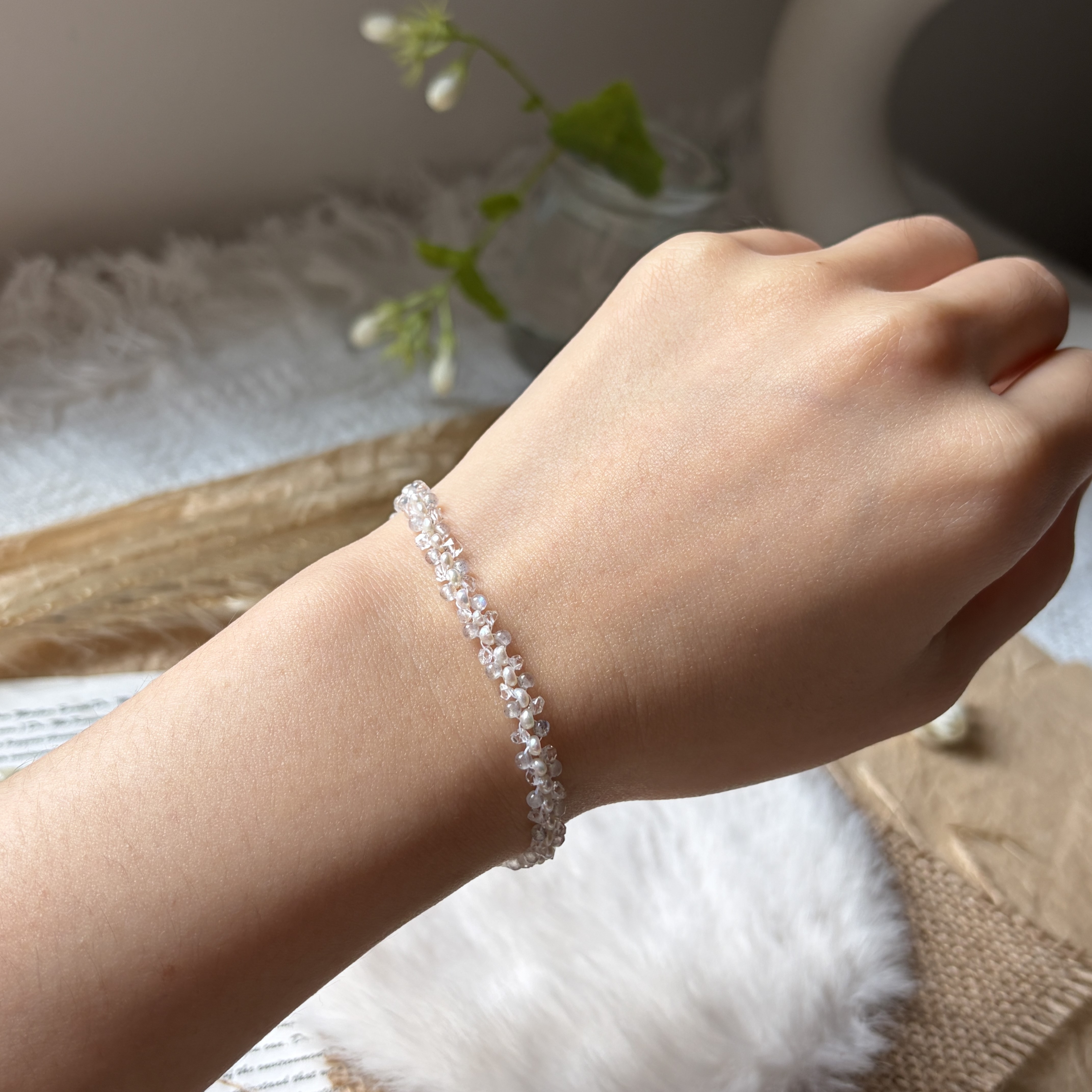 LITTLE GALAXY Handwoven Herkimer Quartz, Labradorite & Freshwater Pearl Bracelet