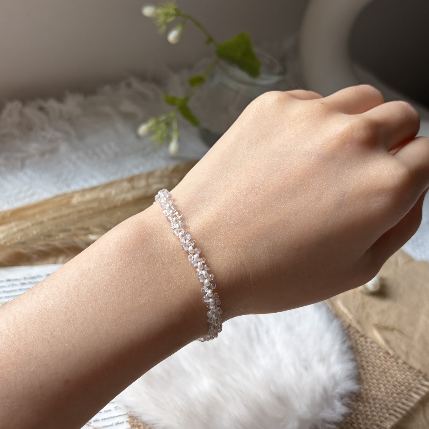 LITTLE GALAXY Handwoven Herkimer Quartz, Labradorite & Freshwater Pearl Bracelet