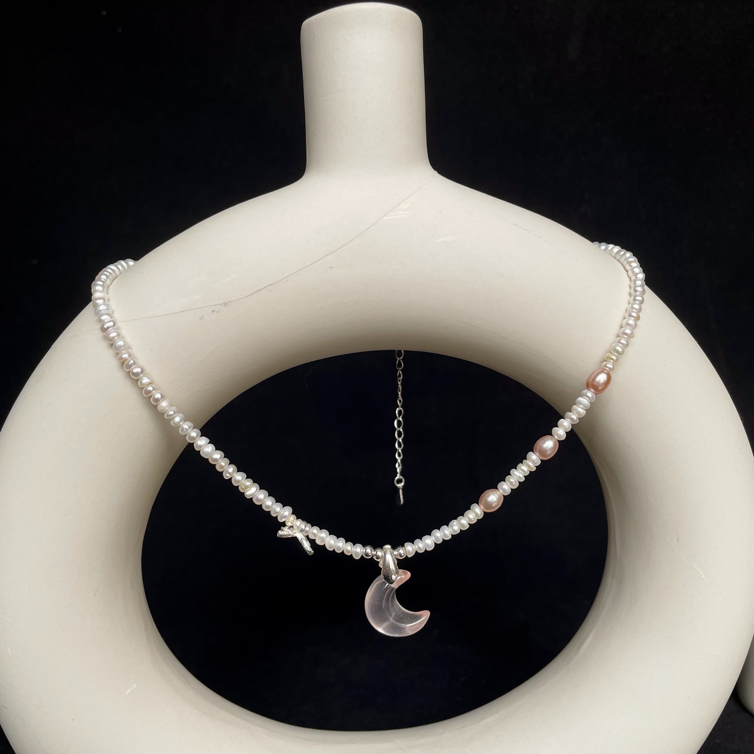 Handmade “Sweetheart” Pearls Short Necklace with Pink Rose Quartz Moon Pendant and Sterling Silver Butterfly