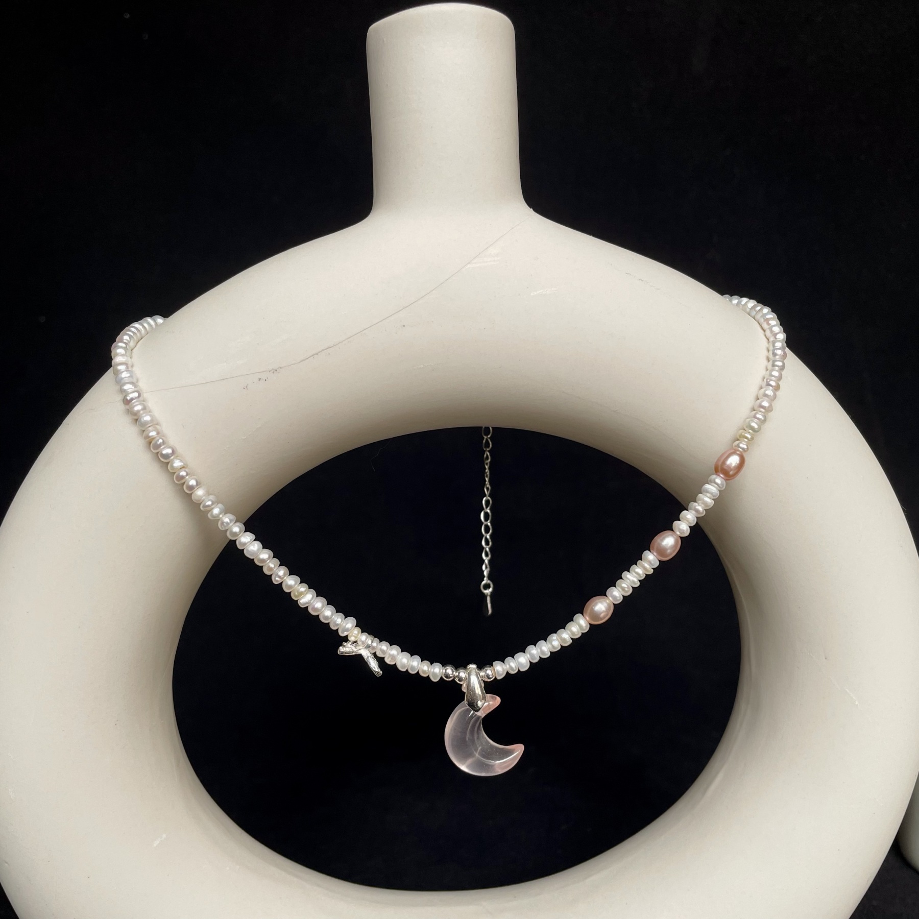 Handmade “Sweetheart” Pearls Short Necklace with Pink Rose Quartz Moon Pendant and Sterling Silver Butterfly