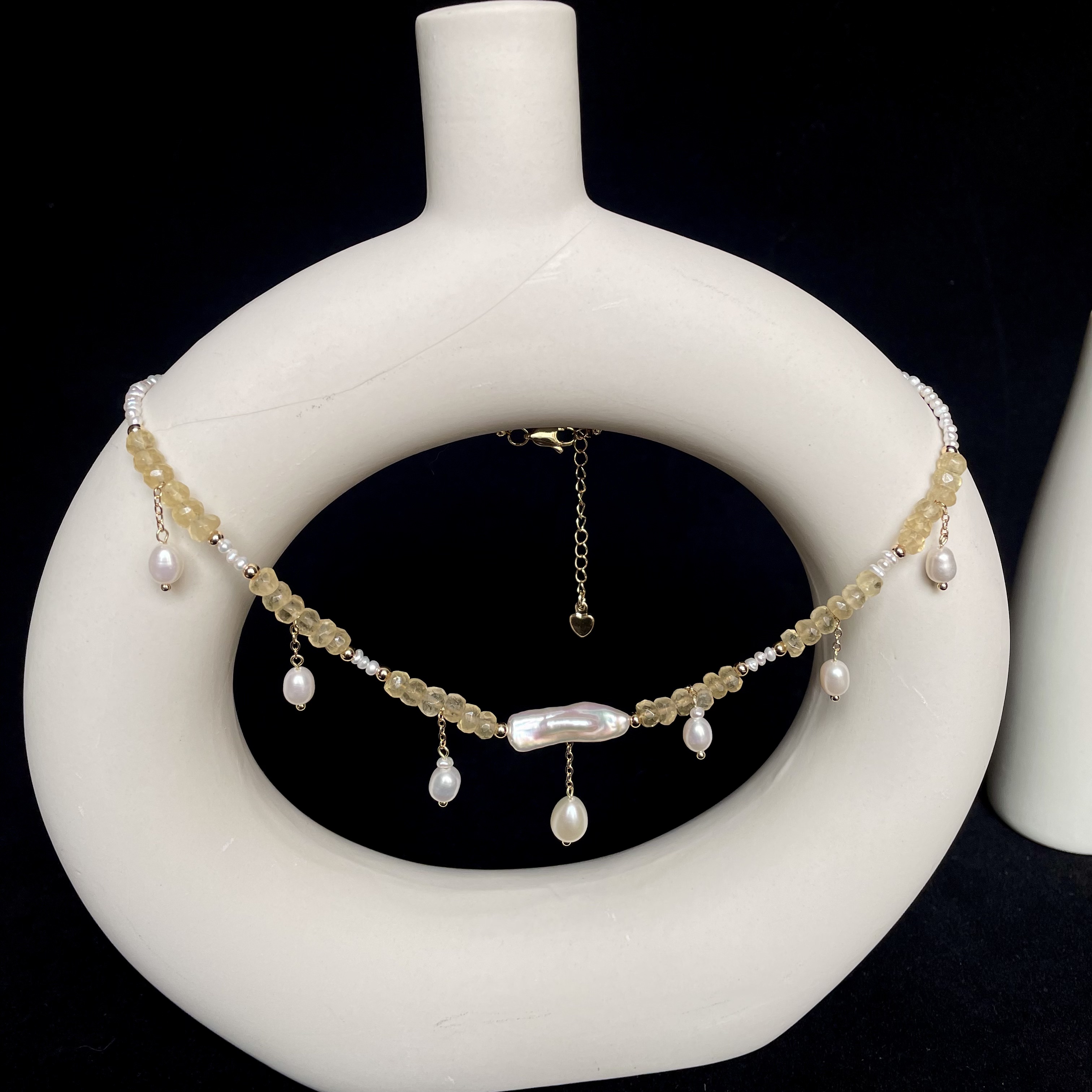Handmade Dainty Pearl and Hand-Cut Citrine HEISHI Beads Necklace with Baroque Pearl Centre and Pearl Drops