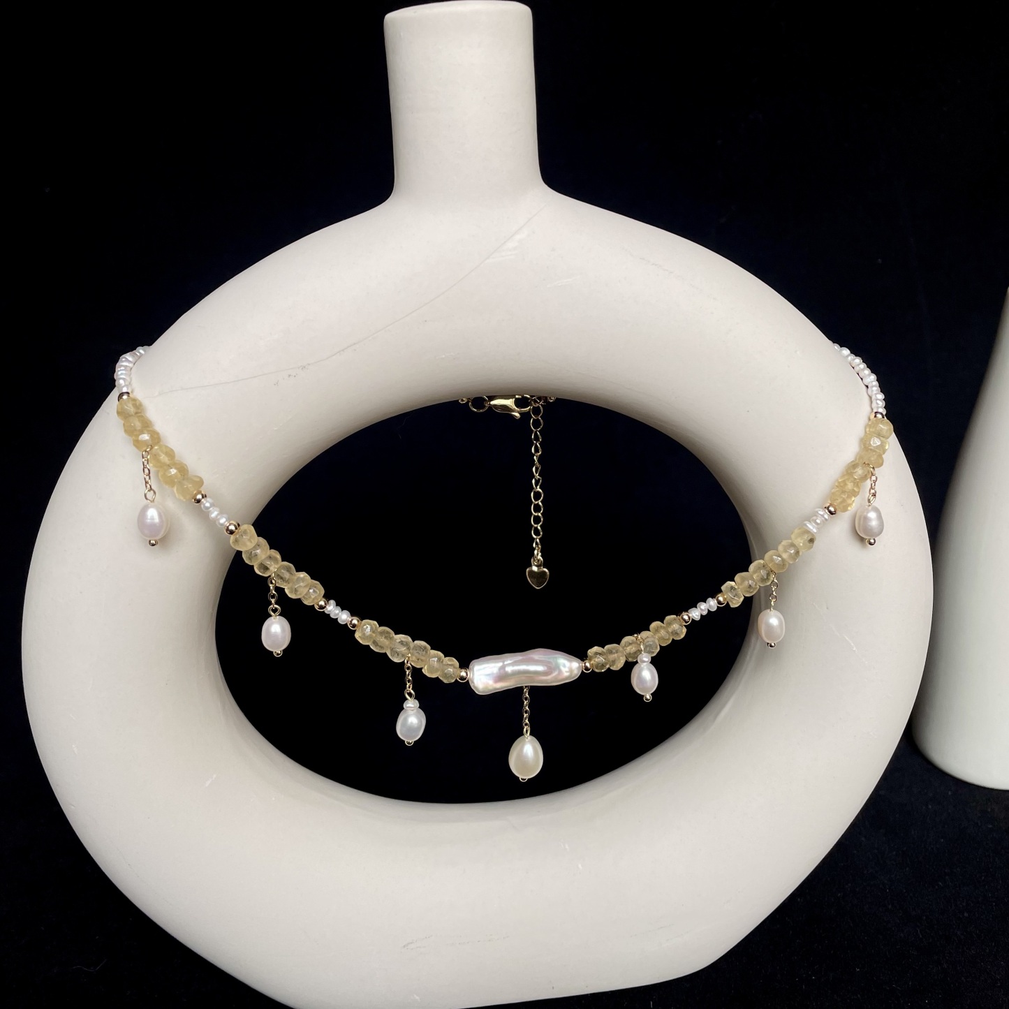 Handmade Dainty Pearl and Hand-Cut Citrine HEISHI Beads Necklace with Baroque Pearl Centre and Pearl Drops