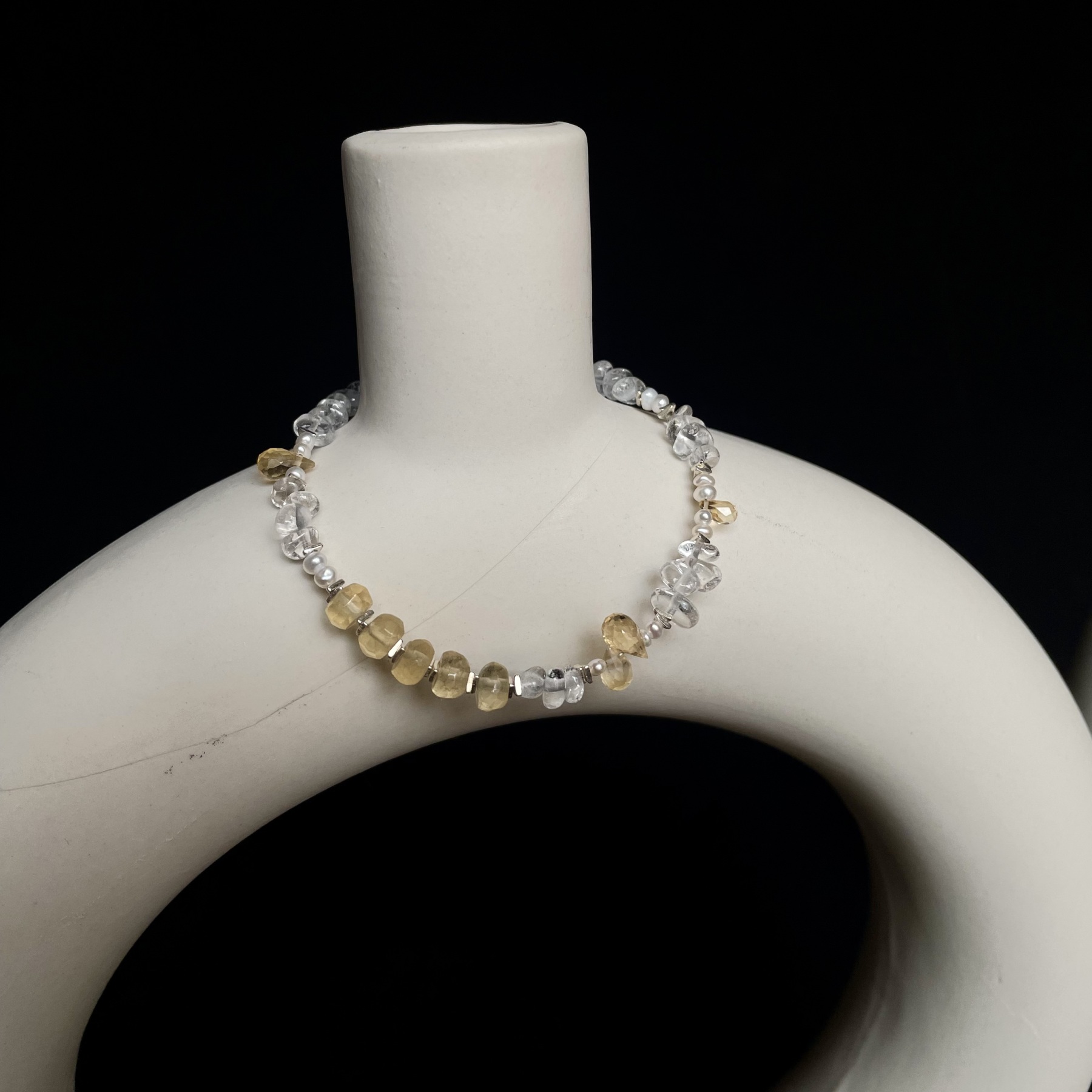 Sunlit Gold Meets Crystal Clarity Handmade Clear Quartz, Citrine, Freshwater Pearl and Sterling Silver Bracelet