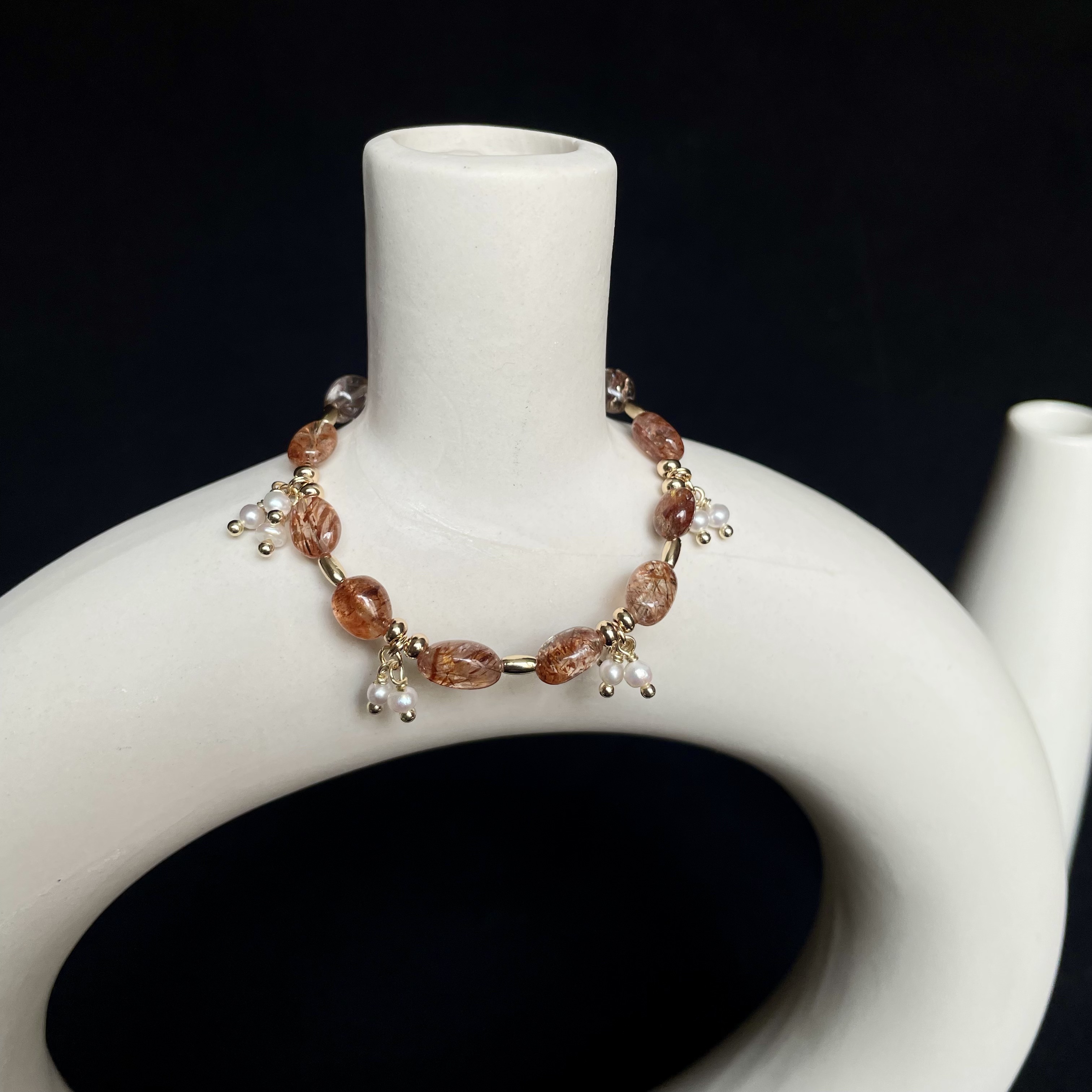 Golden Veins –Handmade Black Gold Super Seven Crystal and Freshwater Pearl Clusters Bracelet