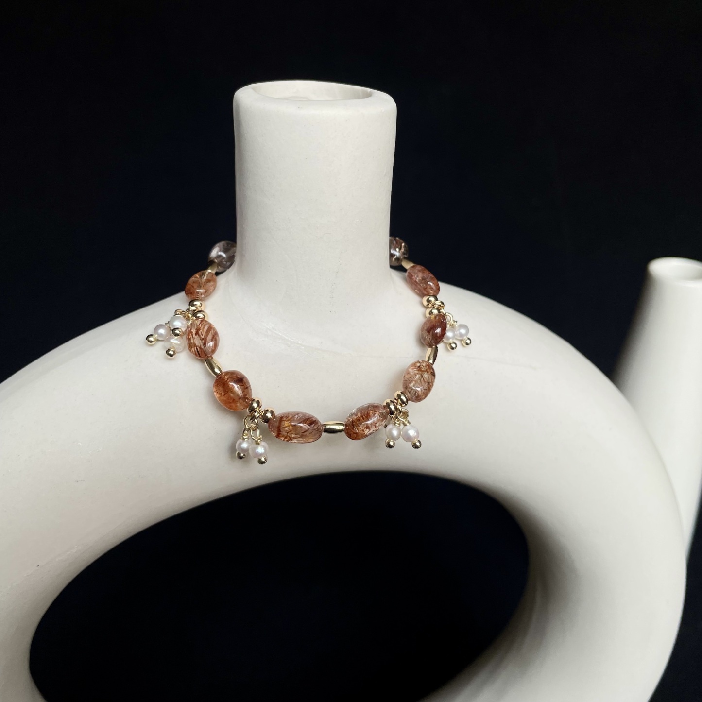 Golden Veins –Handmade Black Gold Super Seven Crystal and Freshwater Pearl Clusters Bracelet