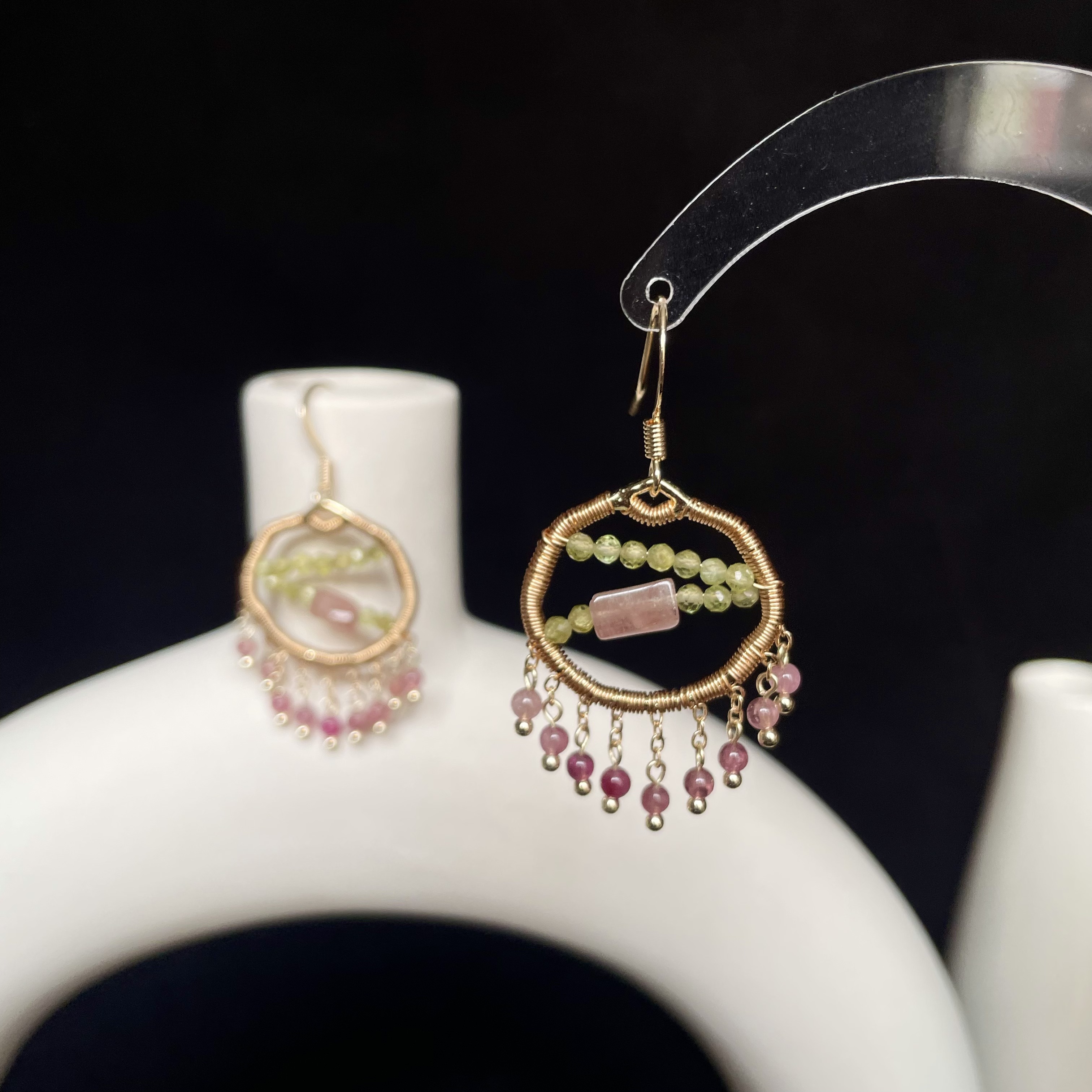Handmade A Branch of Spring Peridot and Pink Tourmaline Wire Wrapped Earrings