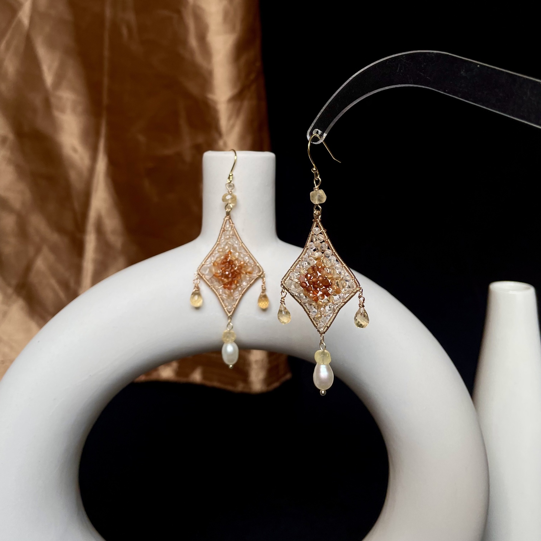 Star of Fire — Handmade Citrine, Carnelian and Hessonite Garnet Wire-Wrapped Earrings