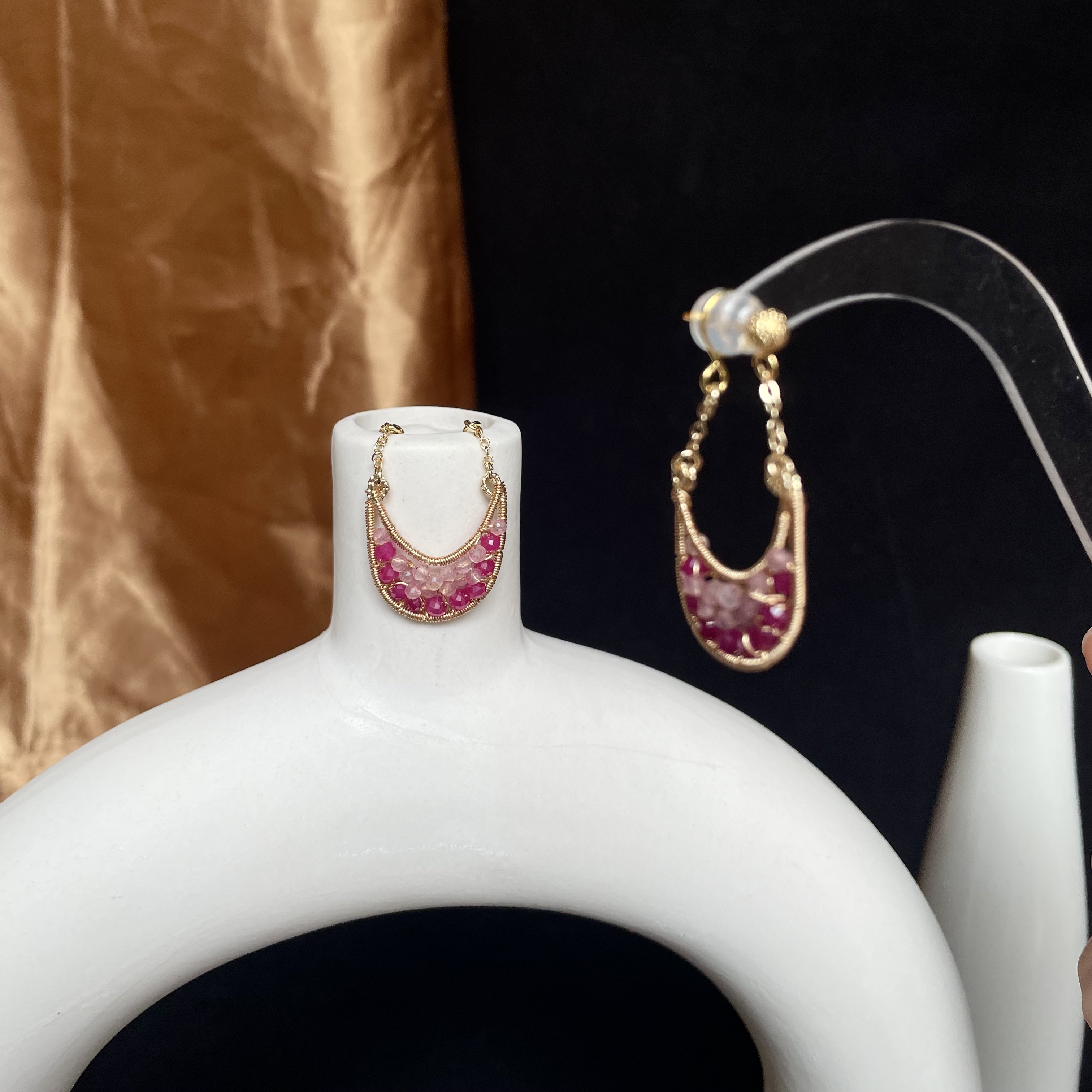 Handmade Rose Moon Ruby and Strawberry Quartz Wire Wrapped Earrings