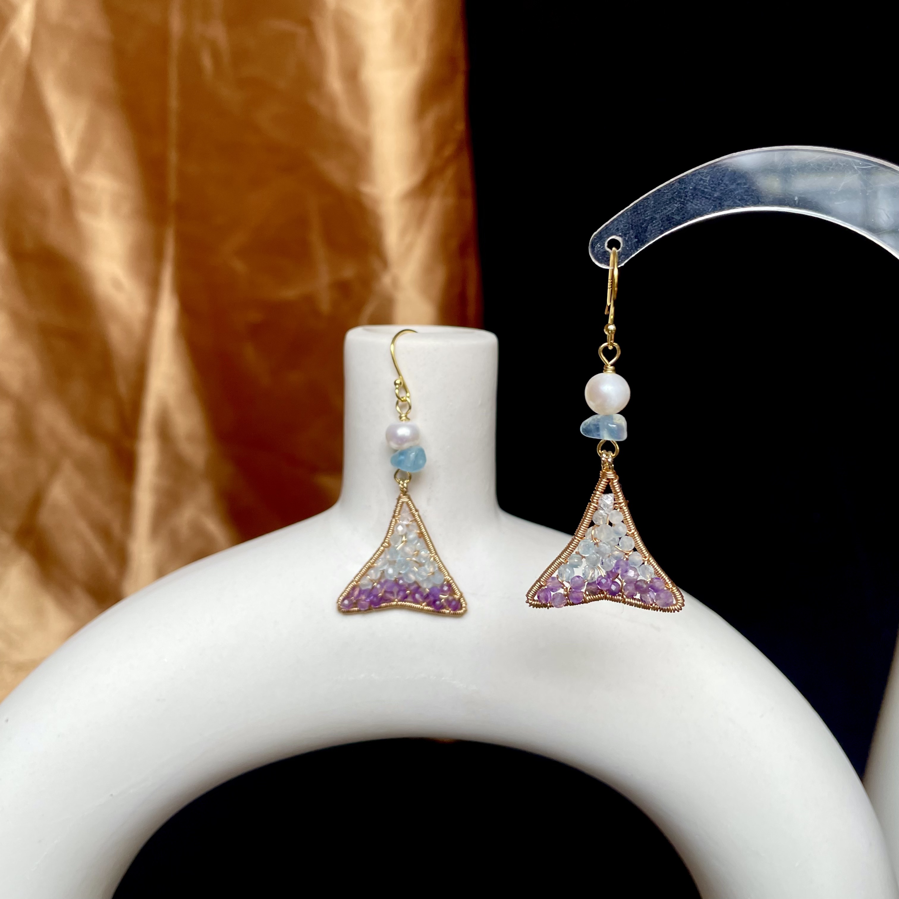 Mermaid’s Tail — Wire Wrapped Fishtail Earrings with Herkimer Diamond, Aquamarine and Amethyst