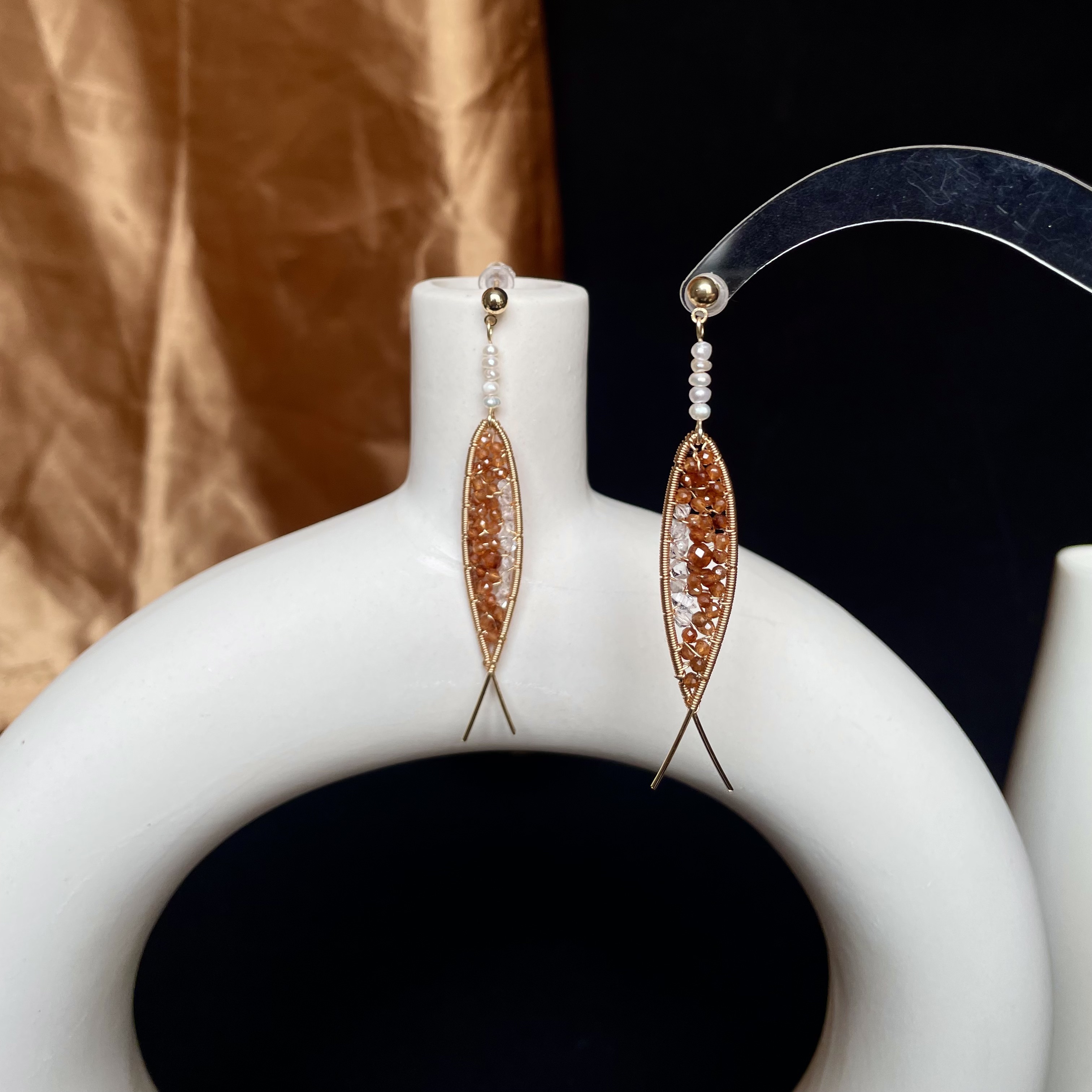 Symbol of Luck Koi Fish Earrings Wire Wrapped Hessonite Garnet and Herkimer Diamond