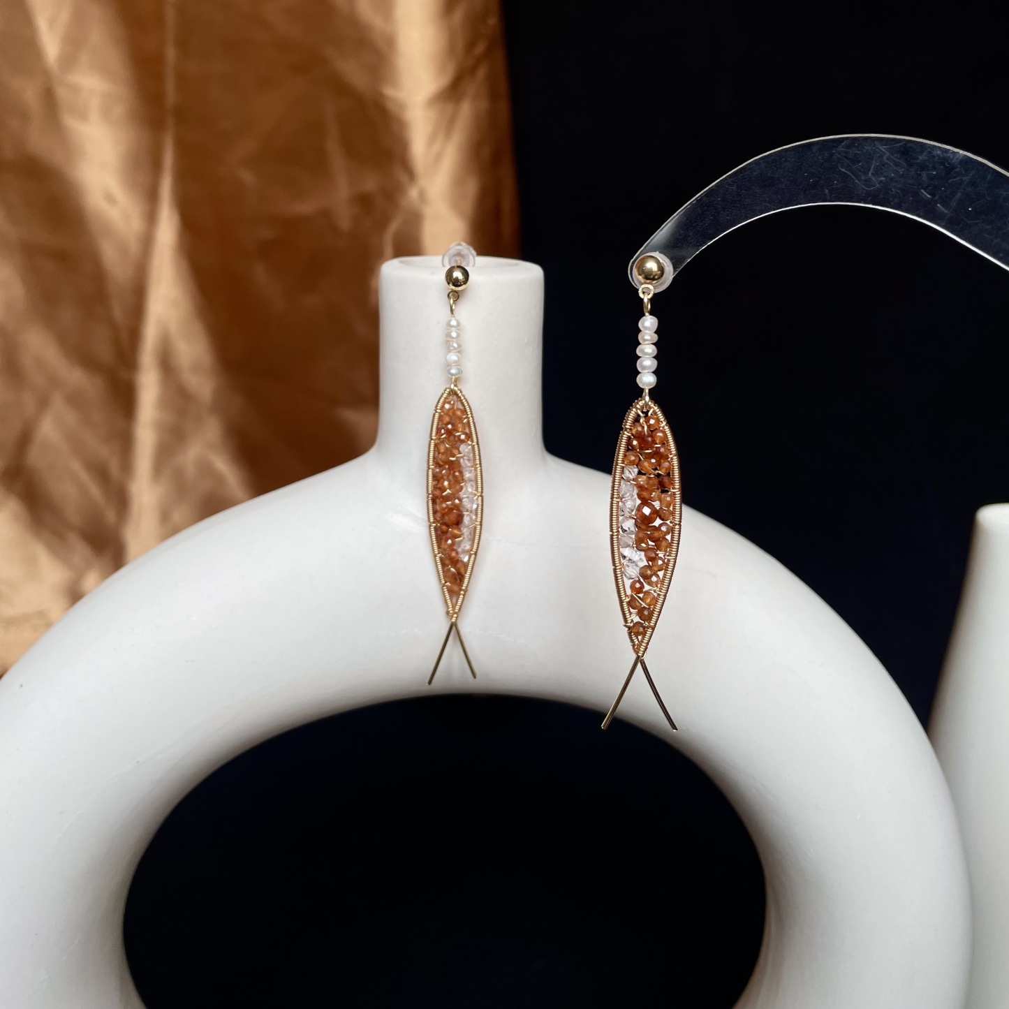 Symbol of Luck Koi Fish Earrings Wire Wrapped Hessonite Garnet and Herkimer Diamond