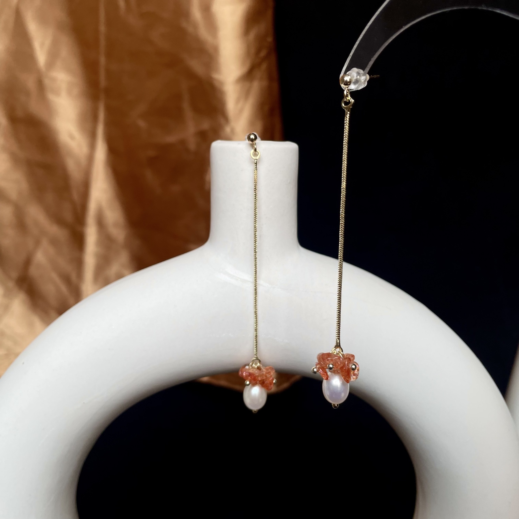 “Love Letter from the Sunset to the Sea” Handmade Gold Sunstone and Freshwater Pearl Long Earrings 