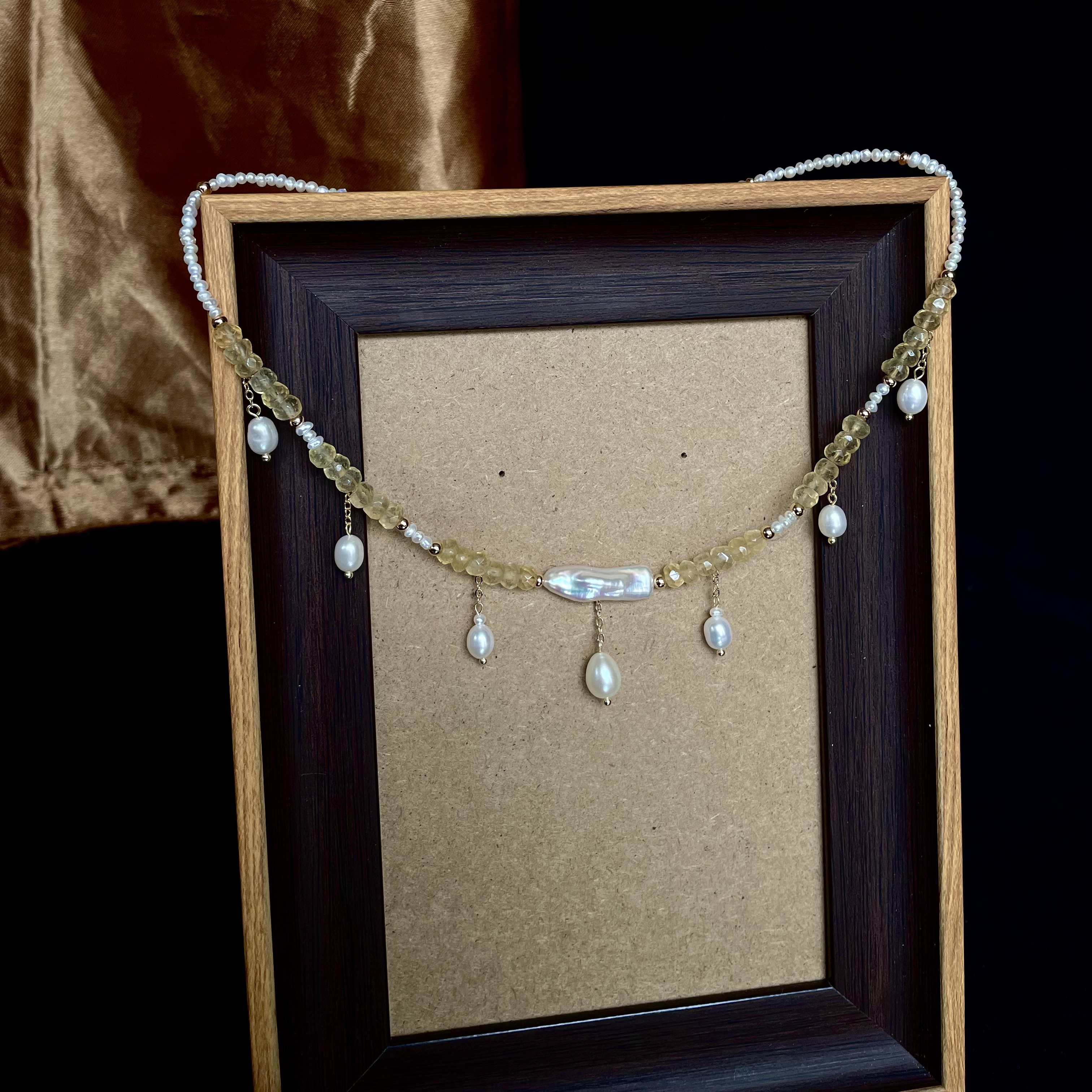 Handmade Dainty Pearl and Hand-Cut Citrine HEISHI Beads Necklace with Baroque Pearl Centre and Pearl Drops